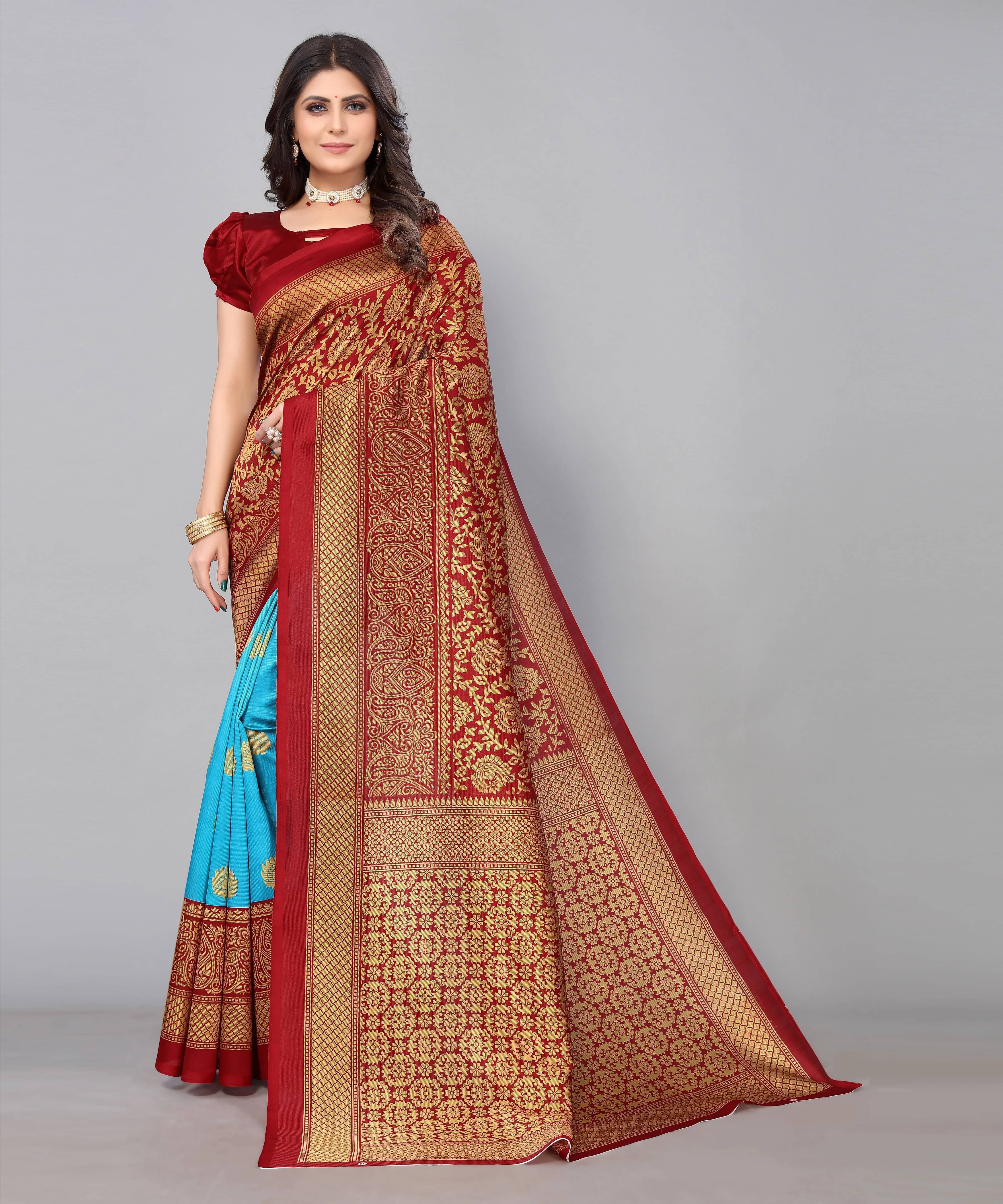 Yashika Art Silk Printed Banarasi saree With Unstitched Blouse Piece ( Multicolor ) Yashika Art Silk Printed Banarasi saree With Unstitched Blouse Piece ( Multicolor )