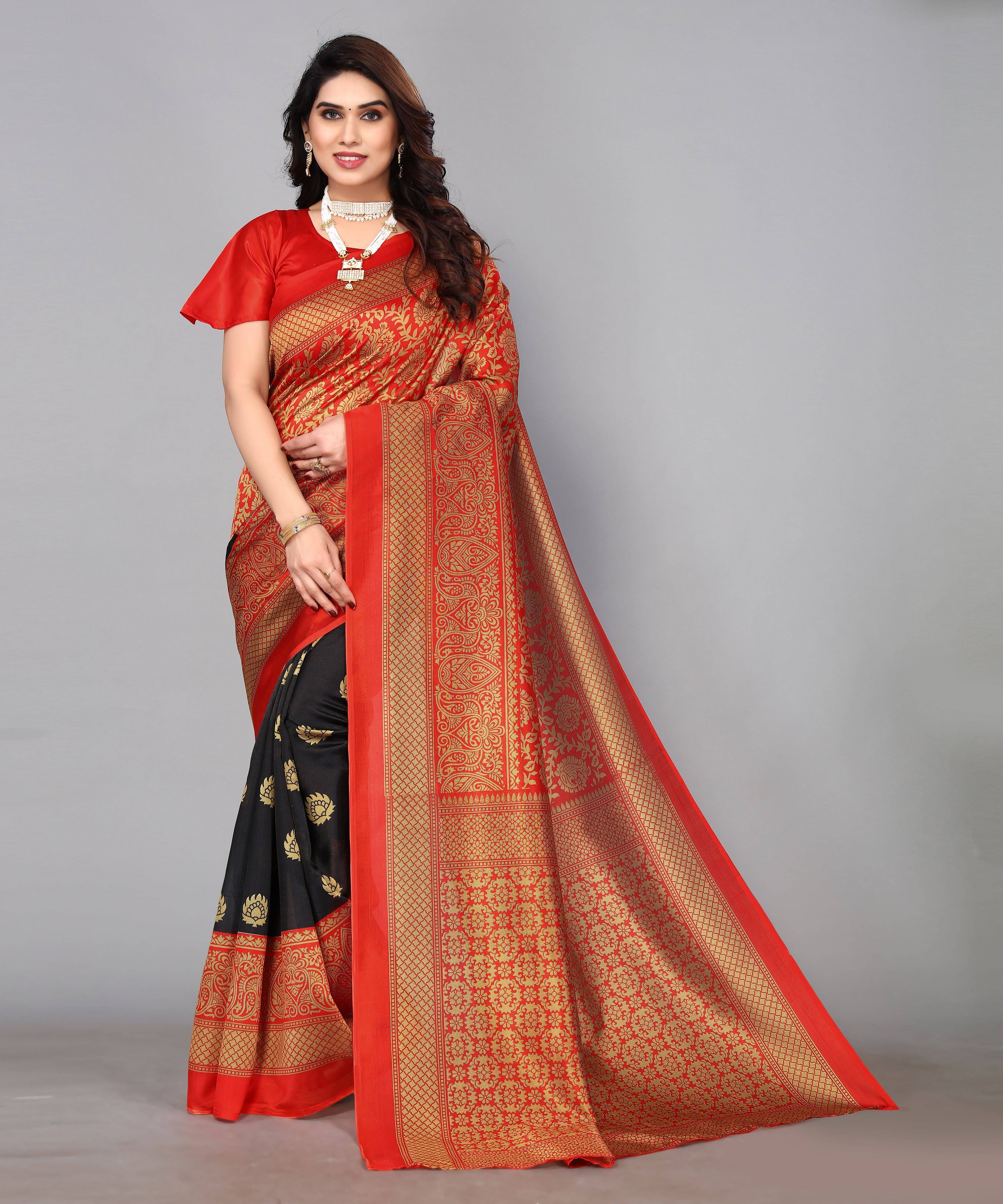     			Yashika Art Silk Printed Banarasi saree With Unstitched Blouse Piece ( Black )