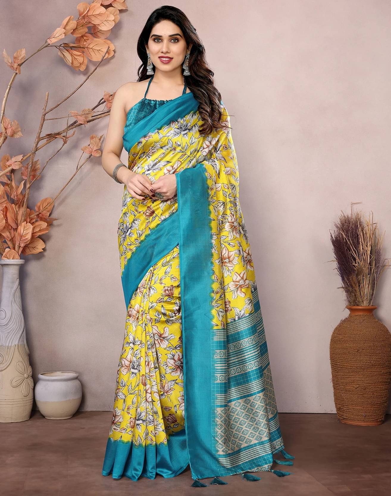     			Yashika Art Silk Printed Banarasi saree With Unstitched Blouse Piece ( Yellow )