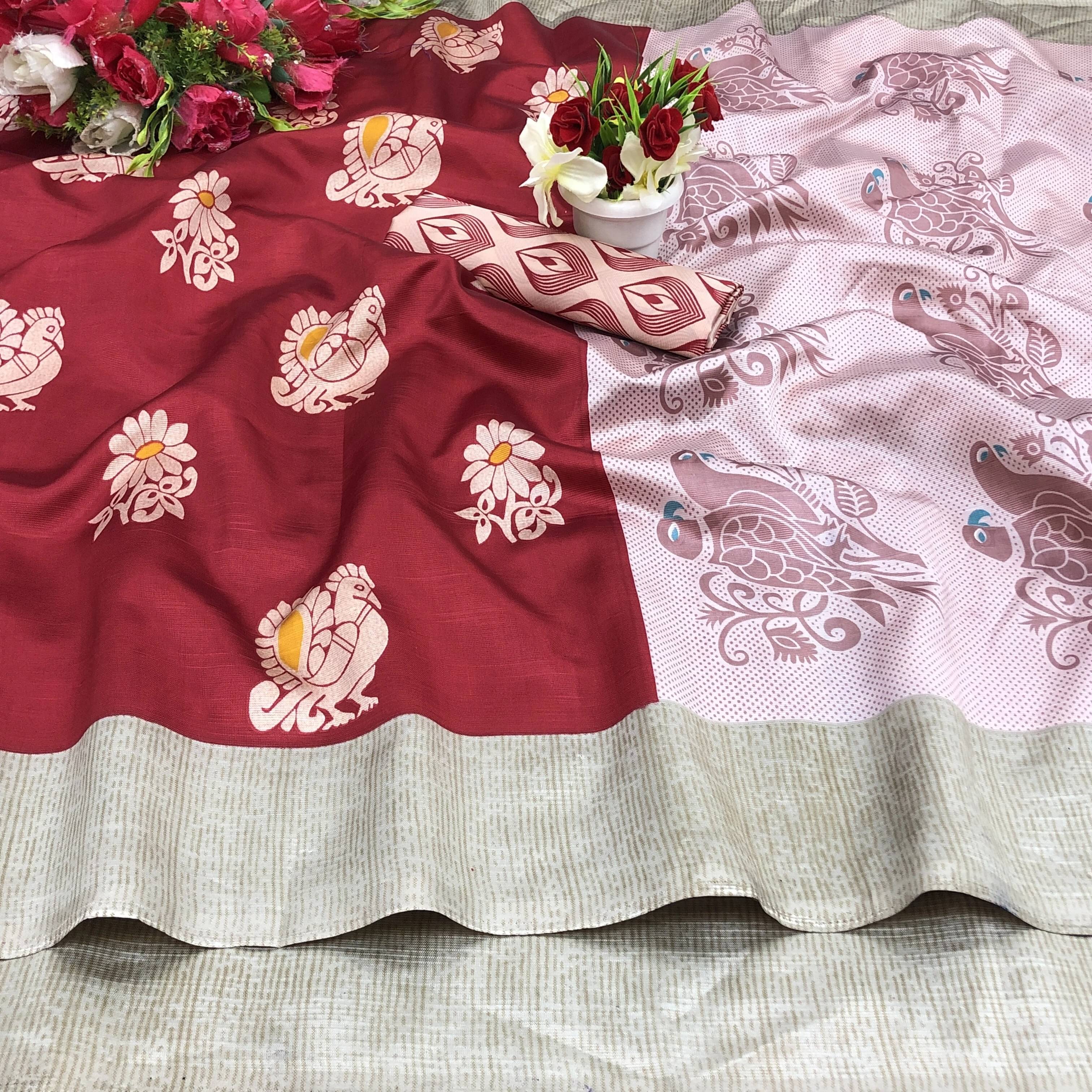     			Yashika Art Silk Printed Bhagalpuri Saree With Unstitched Blouse Piece ( Red )