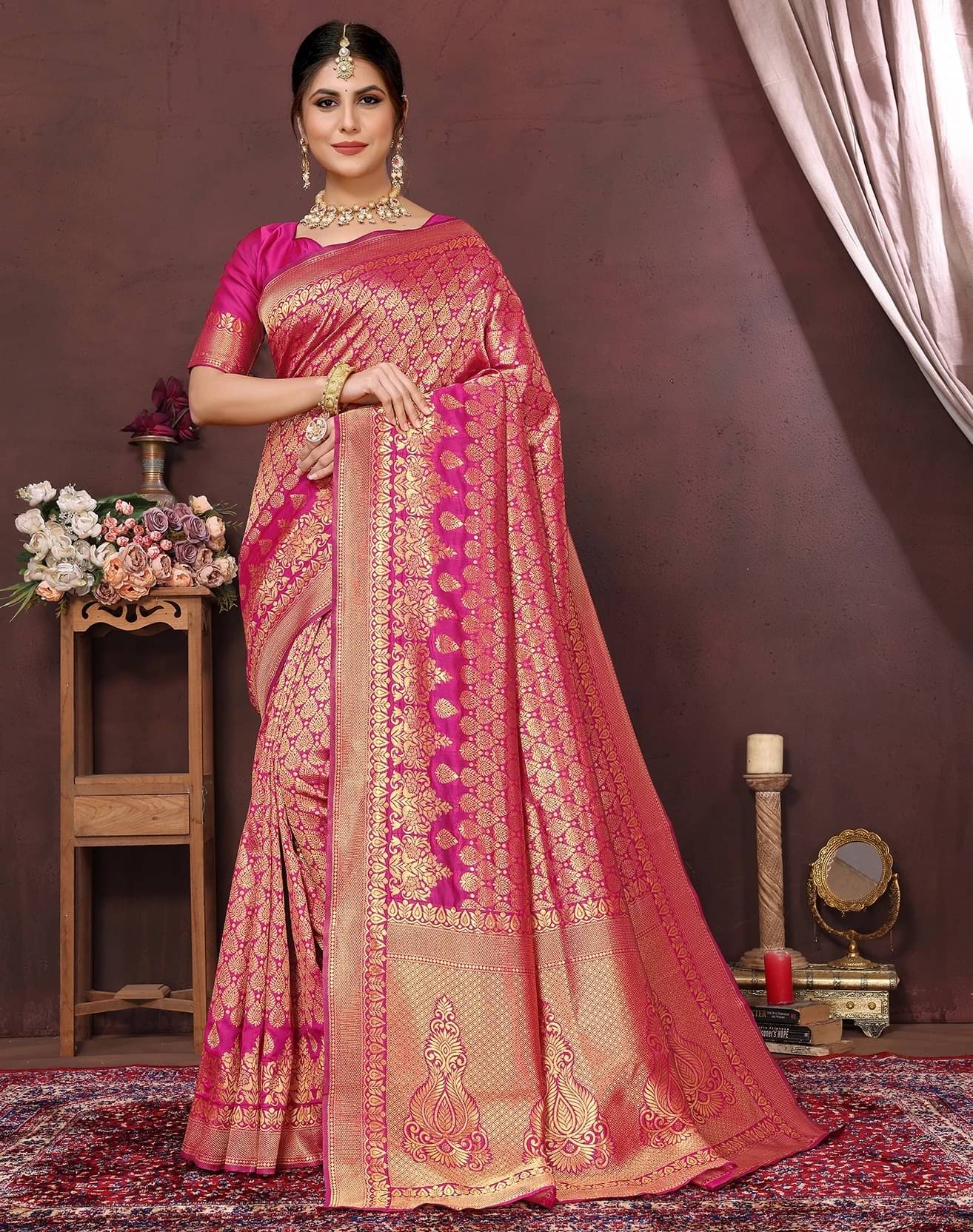     			Yashika Art Silk Printed Kanjeevaram Sarees With Unstitched Blouse Piece ( Pink )