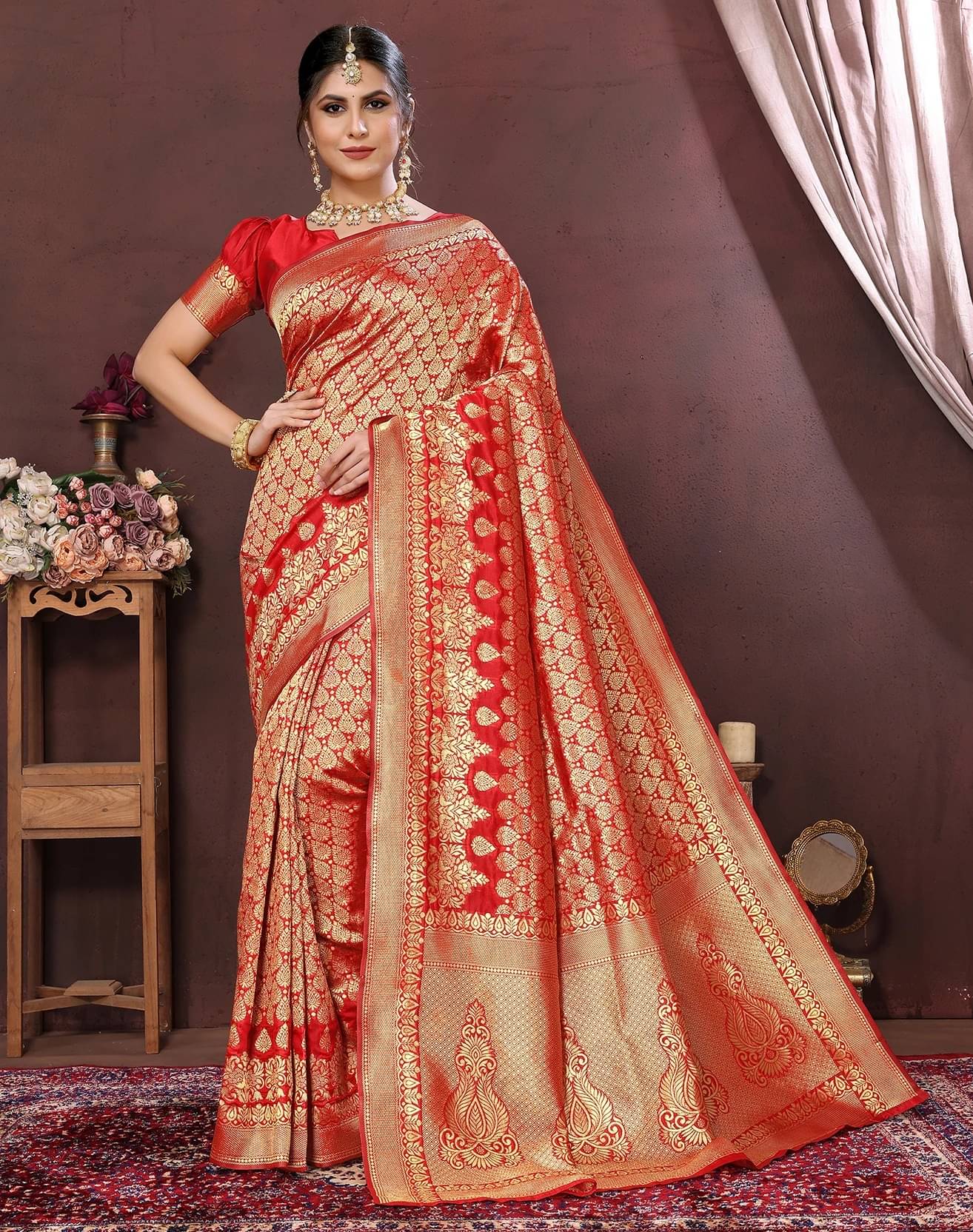     			Yashika Art Silk Printed Kanjeevaram Sarees With Unstitched Blouse Piece ( Red )