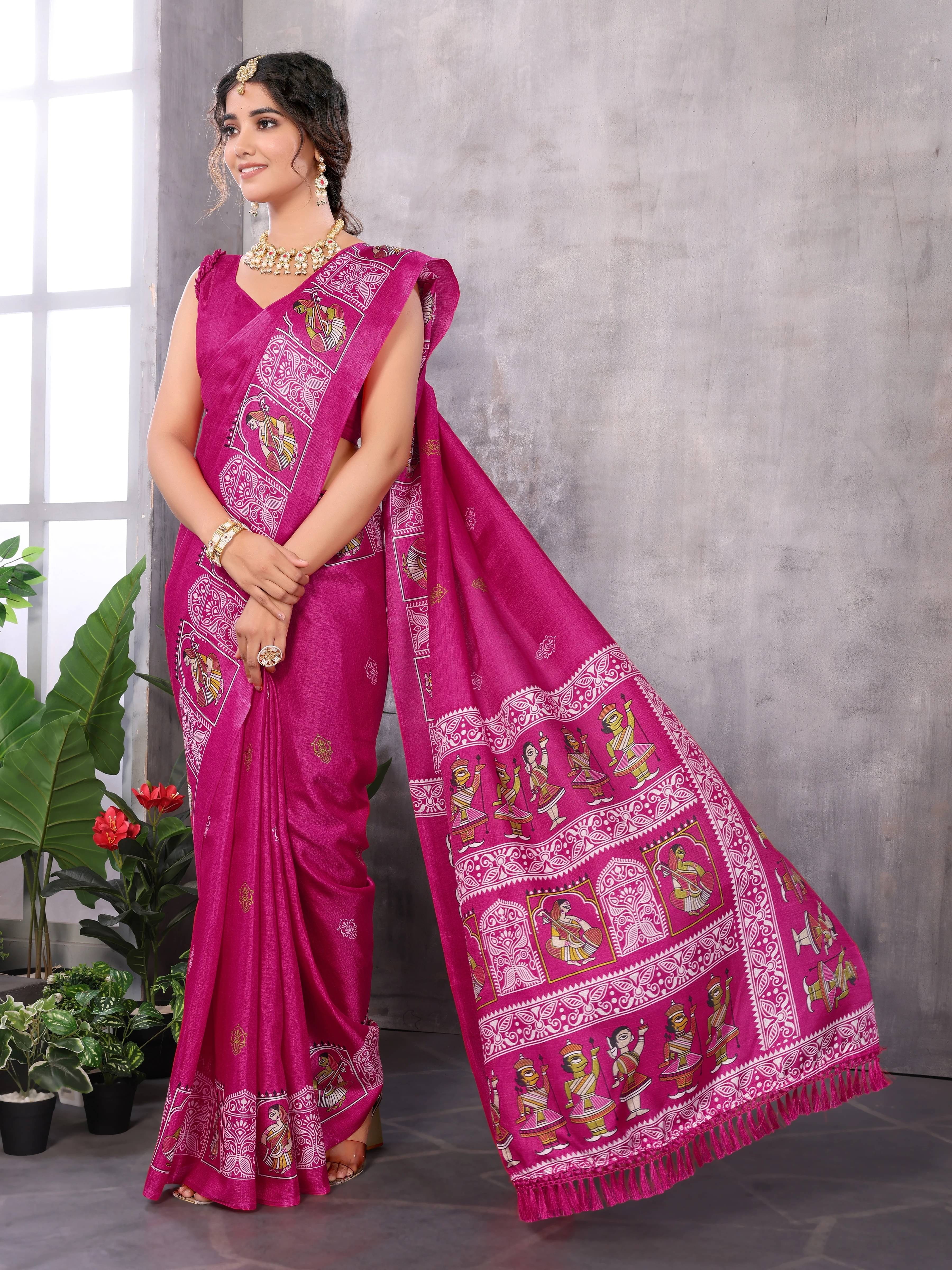 Yashika Art Silk Printed Mysore Silk Sarees With Unstitched Blouse Piece ( Pink ) Yashika Art Silk Printed Mysore Silk Sarees With Unstitched Blouse Piece ( Pink )