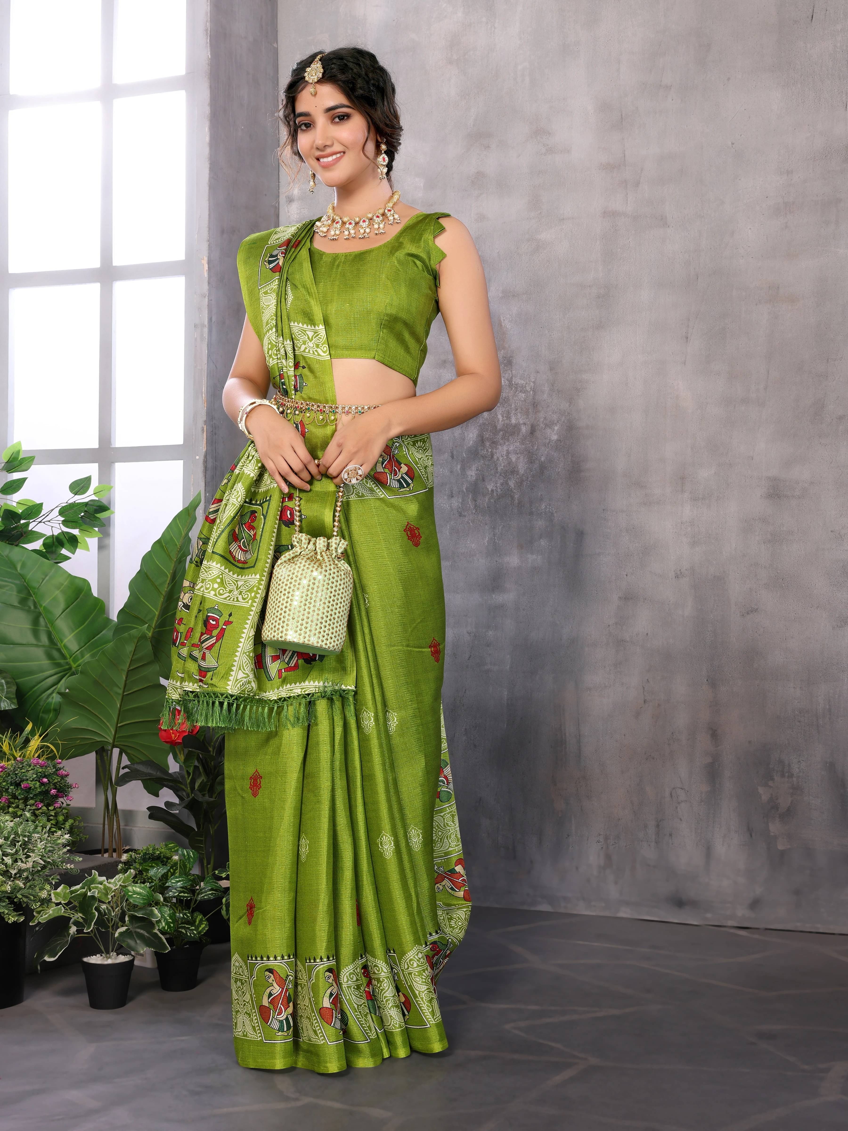 Yashika Art Silk Printed Mysore Silk Sarees With Unstitched Blouse Piece ( Green )     			Yashika Art Silk Printed Mysore Silk Sarees With Unstitched Blouse Piece ( Green )