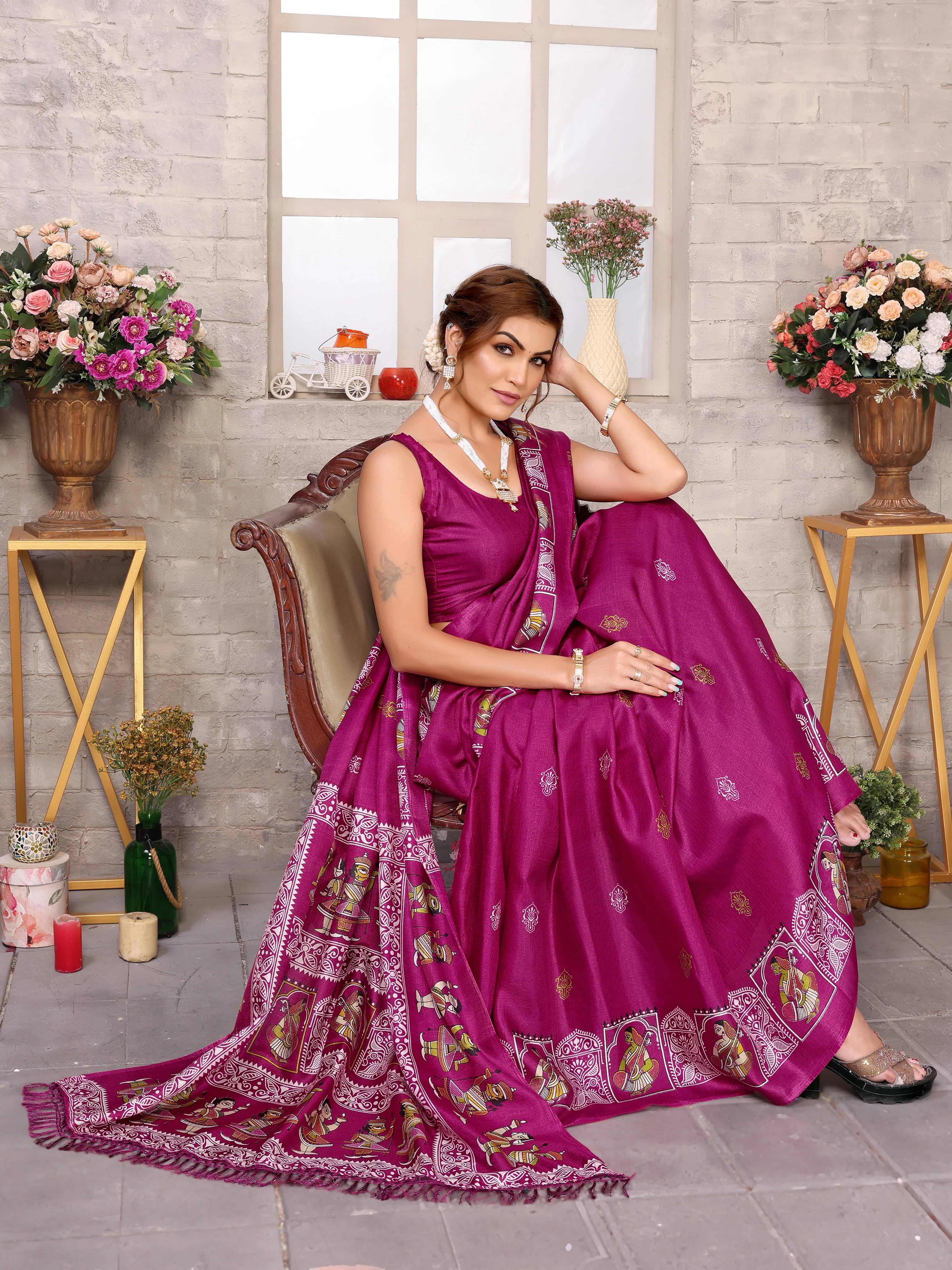 Yashika Art Silk Printed Mysore Silk Sarees With Unstitched Blouse Piece ( Purple ) Yashika Art Silk Printed Mysore Silk Sarees With Unstitched Blouse Piece ( Purple )