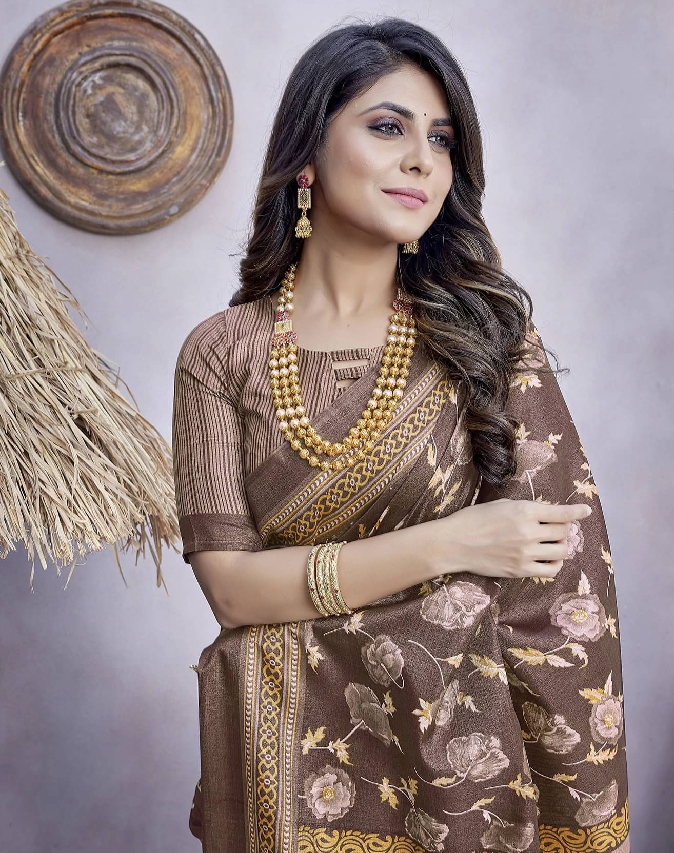     			Yashika Art Silk Printed Mysore Silk Sarees With Unstitched Blouse Piece ( Brown )