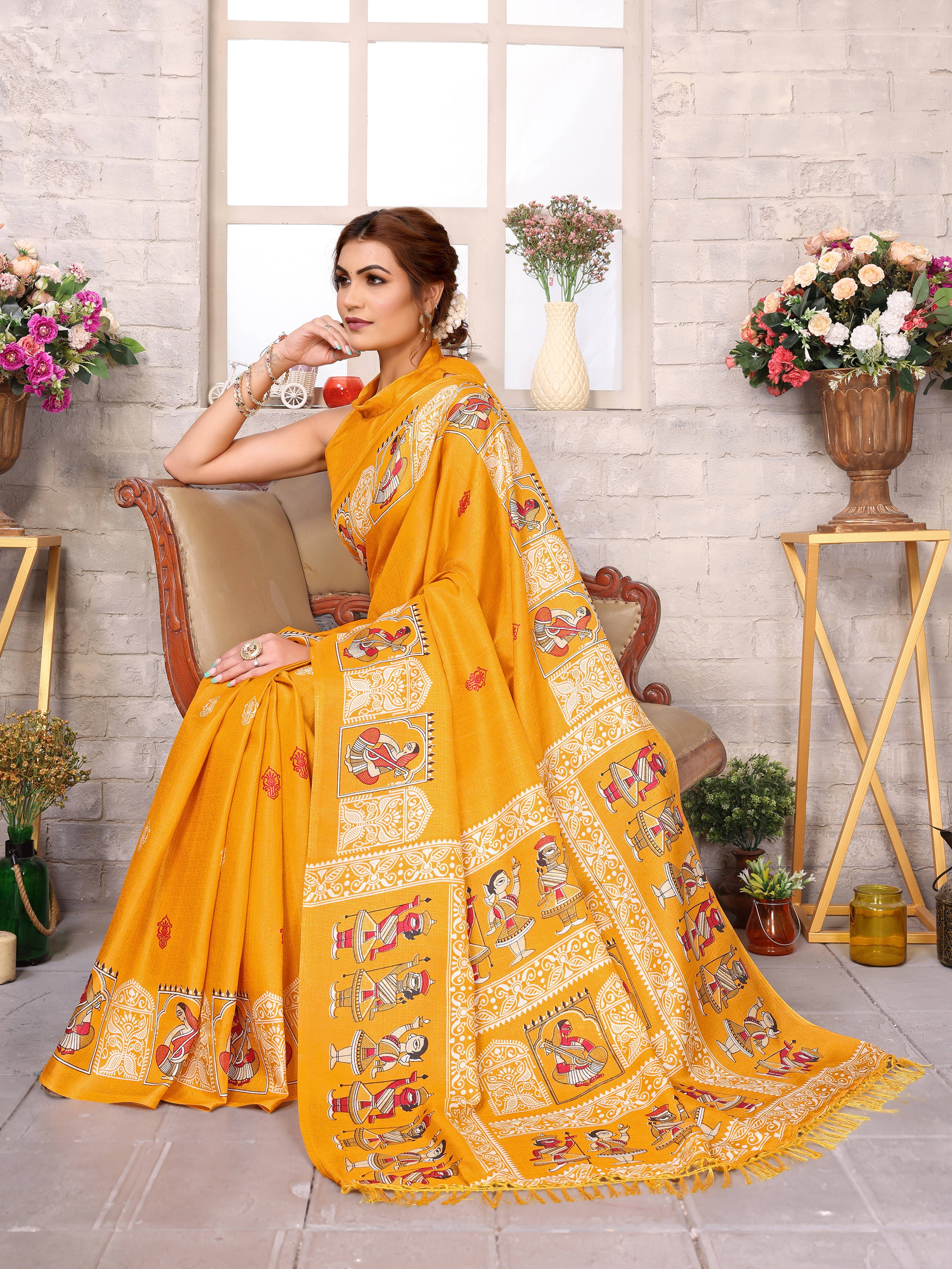 Yashika Art Silk Printed Mysore Silk Sarees With Unstitched Blouse Piece ( Yellow ) Yashika Art Silk Printed Mysore Silk Sarees With Unstitched Blouse Piece ( Yellow )
