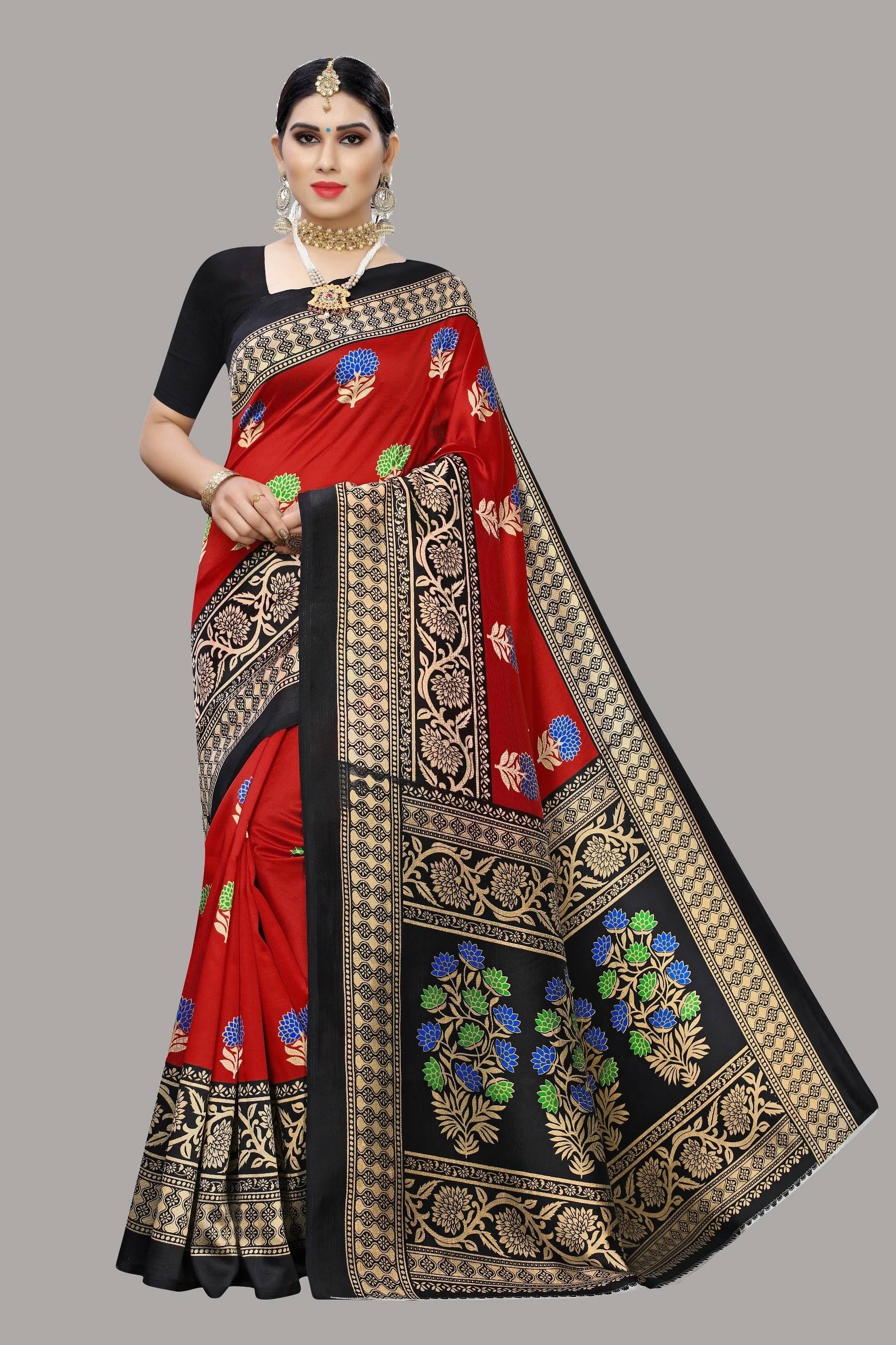     			Yashika Art Silk Printed Pochampally Ikkat Saree With Unstitched Blouse Piece ( Red )