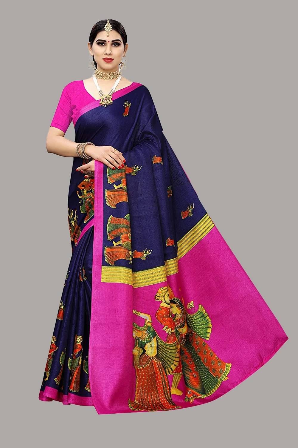     			Yashika Art Silk Printed Regular Saree With Unstitched Blouse Piece ( Navy Blue )