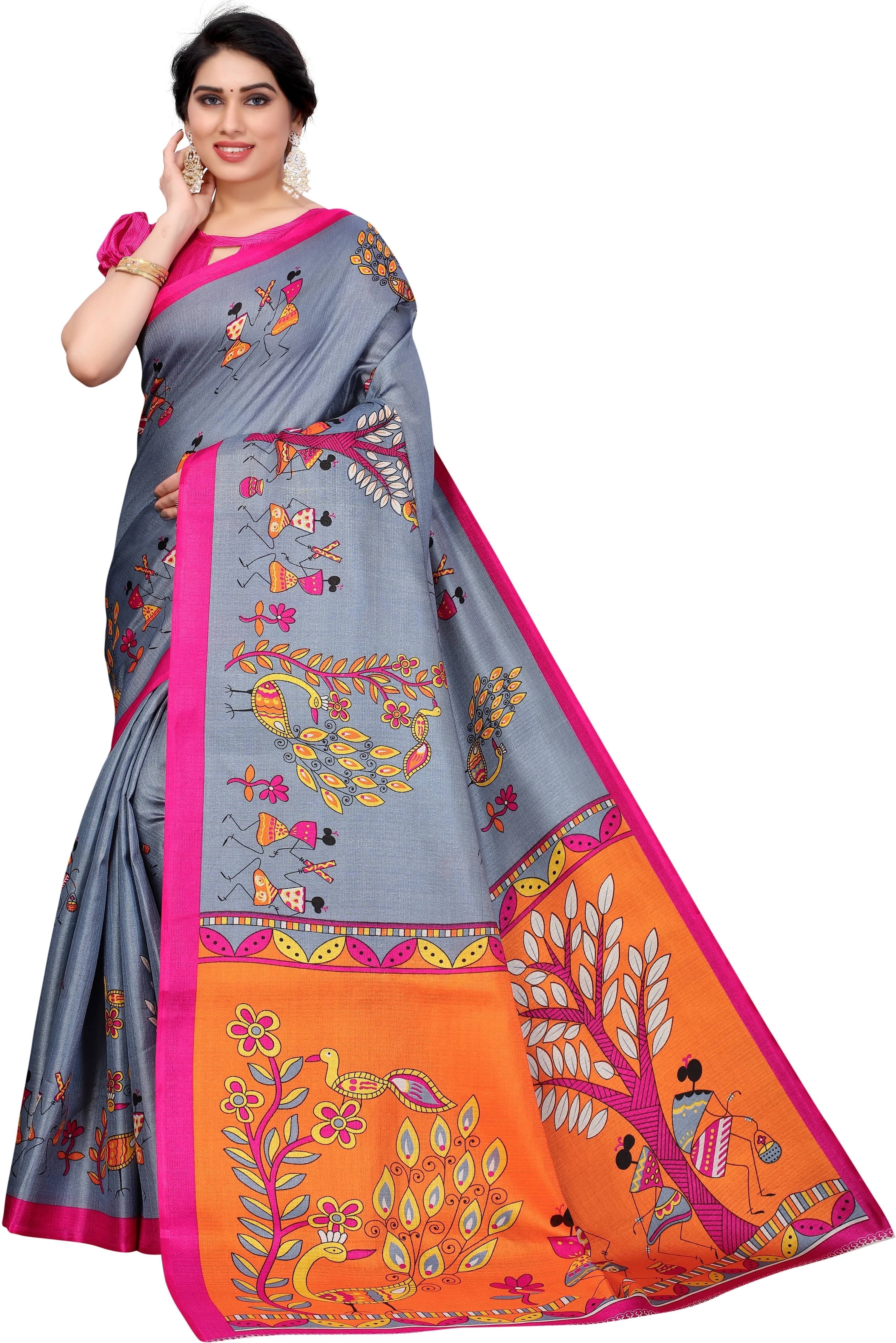 Yashika Art Silk Printed Regular Saree With Unstitched Blouse Piece ( Grey )     			Yashika Art Silk Printed Regular Saree With Unstitched Blouse Piece ( Grey )