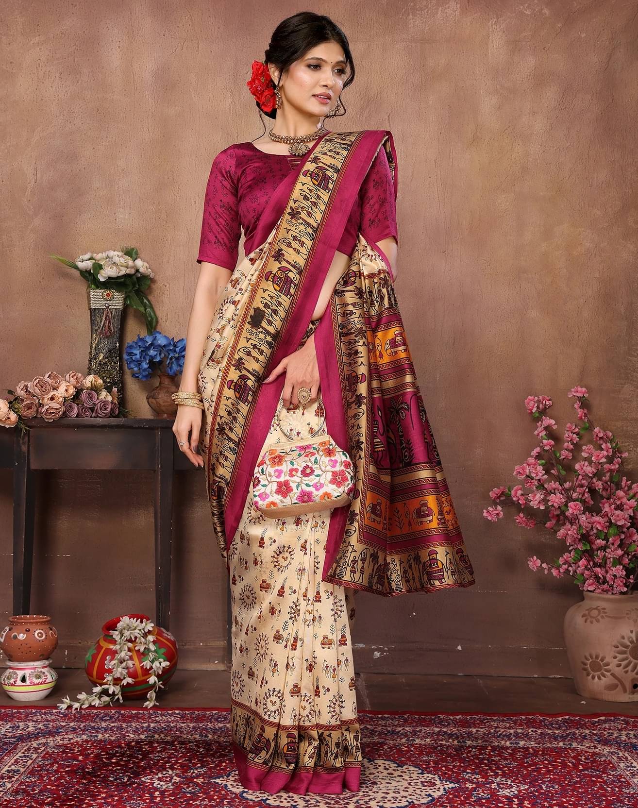     			Yashika Art Silk Printed Regular Saree With Unstitched Blouse Piece ( Maroon )