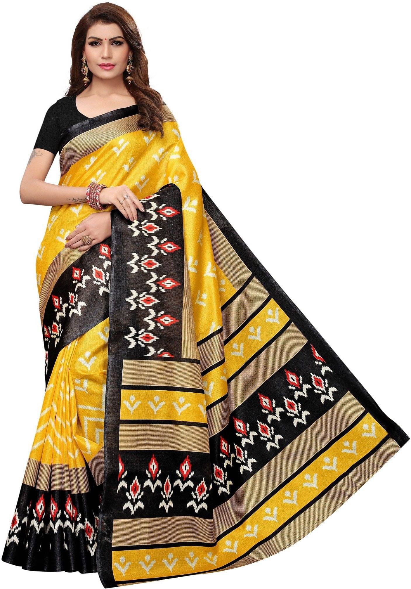     			Yashika Art Silk Printed Regular Saree With Unstitched Blouse Piece ( Yellow )