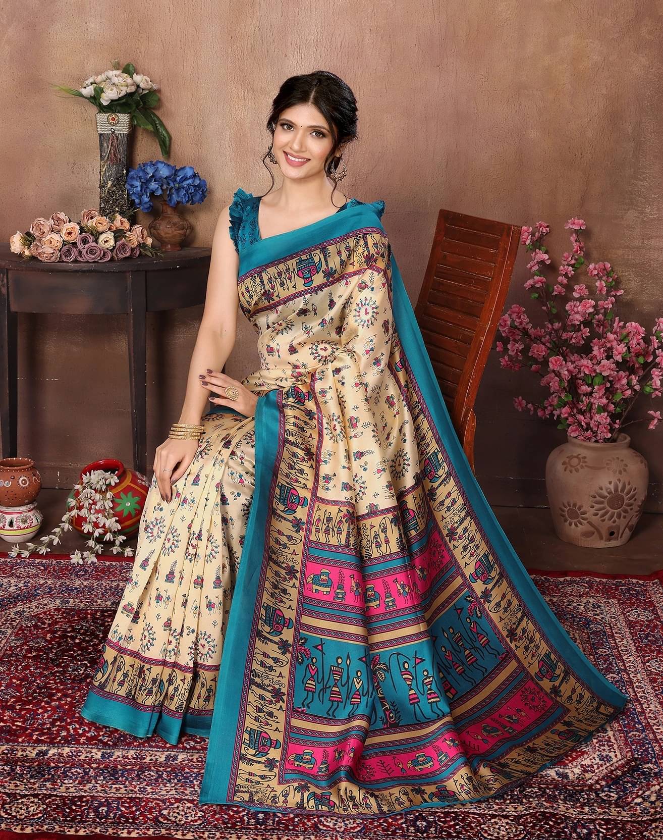     			Yashika Art Silk Printed Regular Saree With Unstitched Blouse Piece ( Blue )