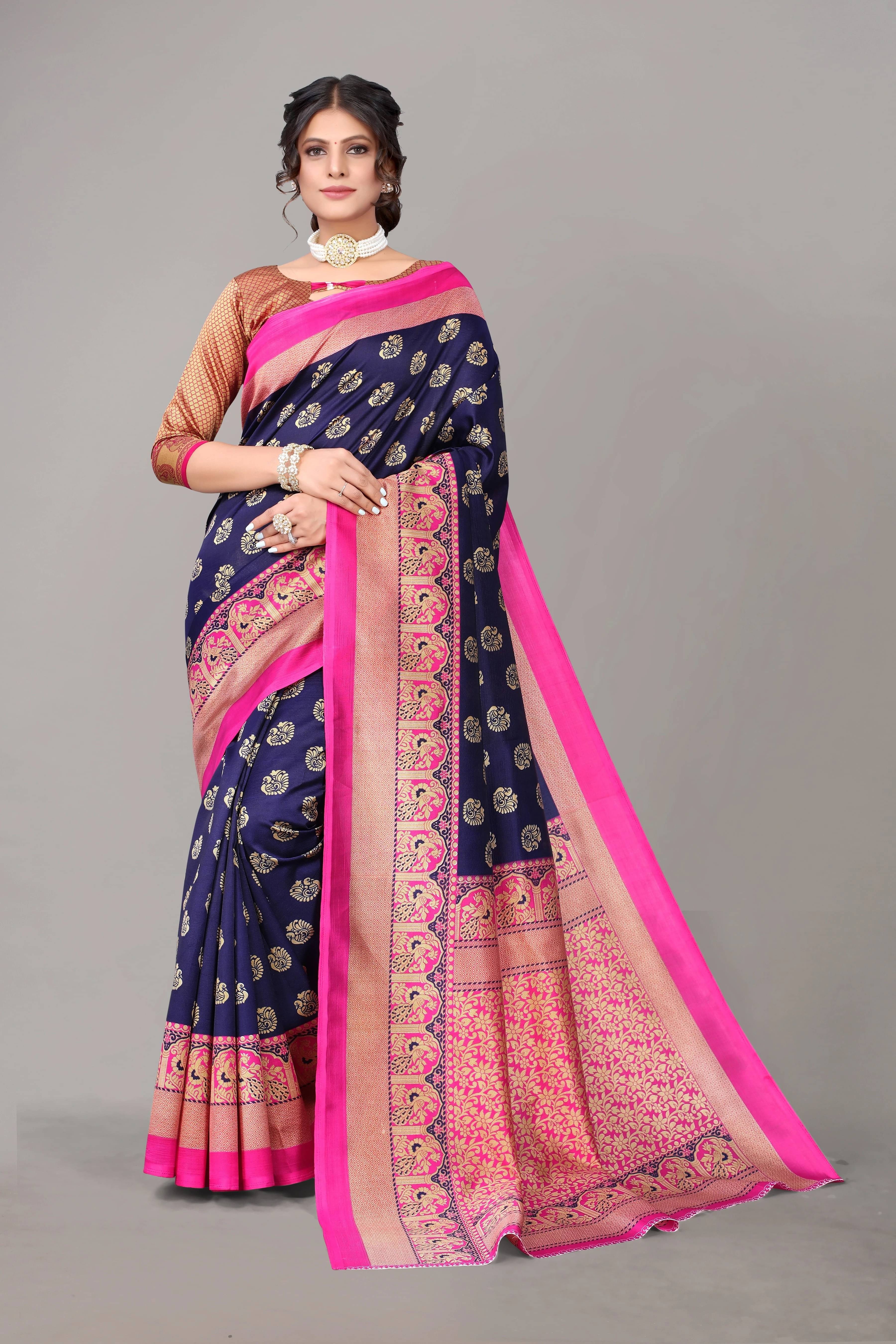 Yashika Art Silk Printed Regular Saree With Unstitched Blouse Piece ( Navy Blue )     			Yashika Art Silk Printed Regular Saree With Unstitched Blouse Piece ( Navy Blue )