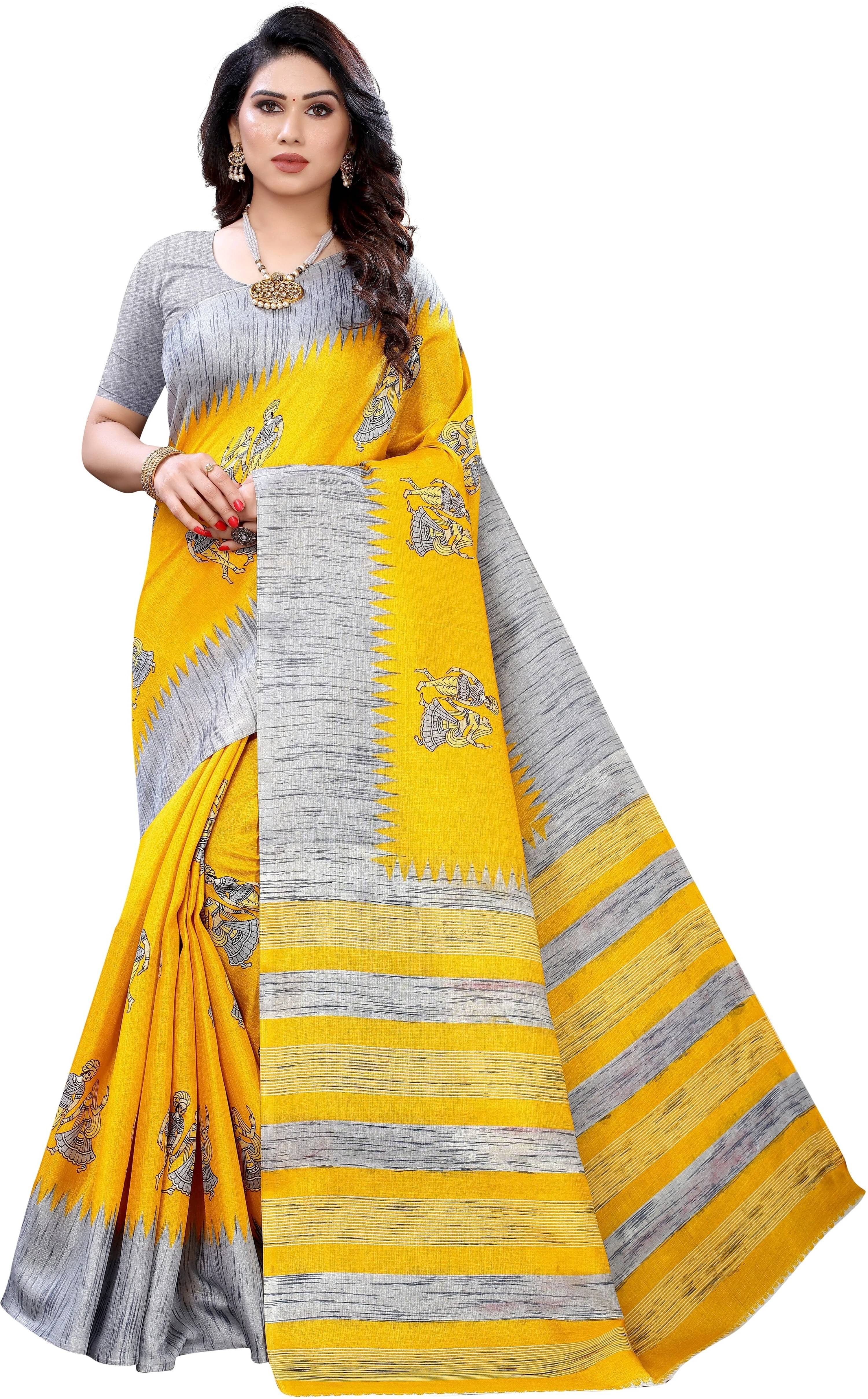 Yashika Art Silk Printed Regular Saree With Unstitched Blouse Piece ( Yellow ) Yashika Art Silk Printed Regular Saree With Unstitched Blouse Piece ( Yellow )