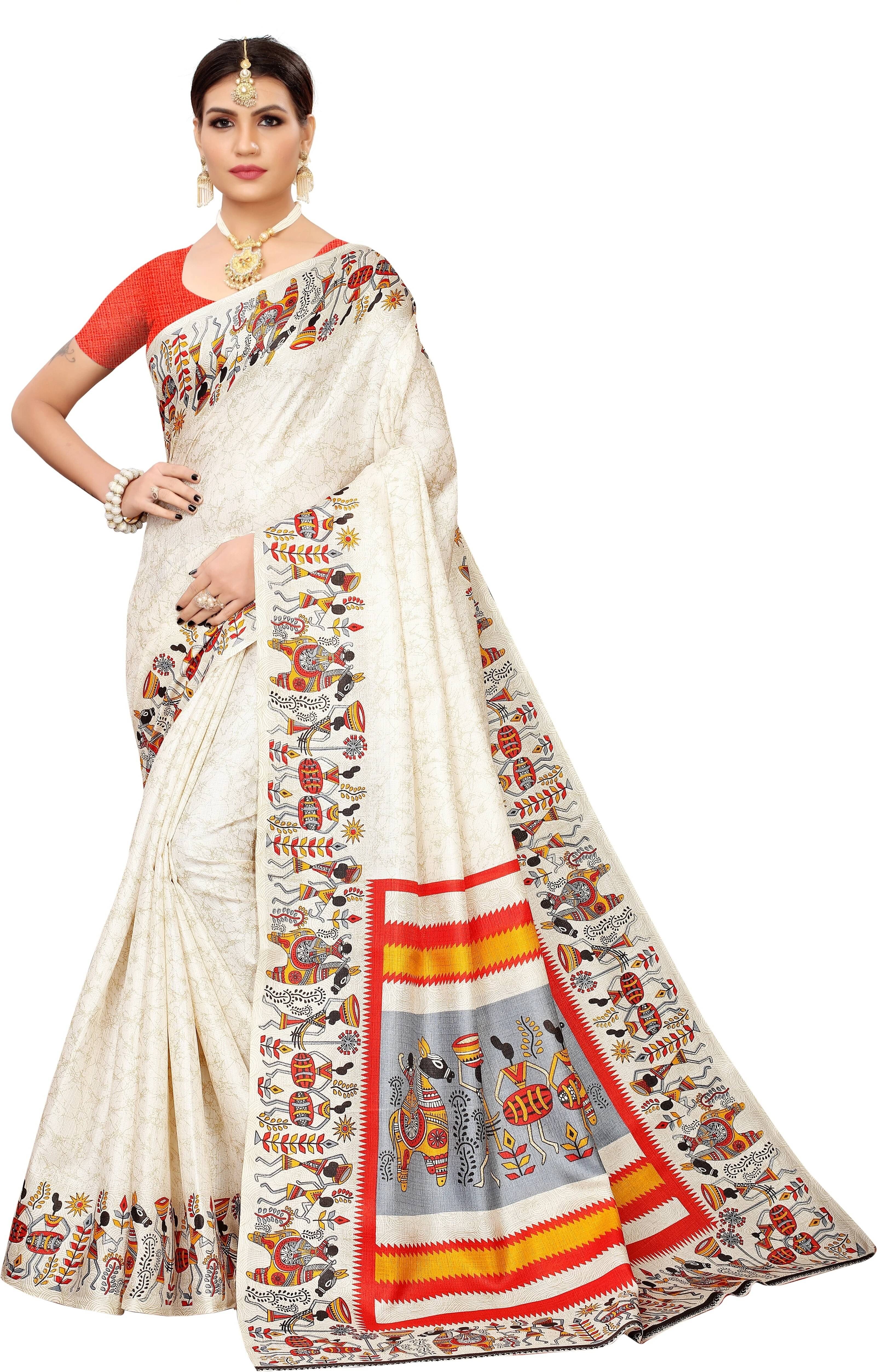     			Yashika Art Silk Printed Regular Saree With Unstitched Blouse Piece ( White )