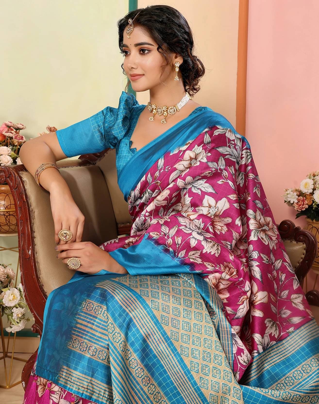     			Yashika Art Silk Printed Regular Saree With Unstitched Blouse Piece ( Pink )