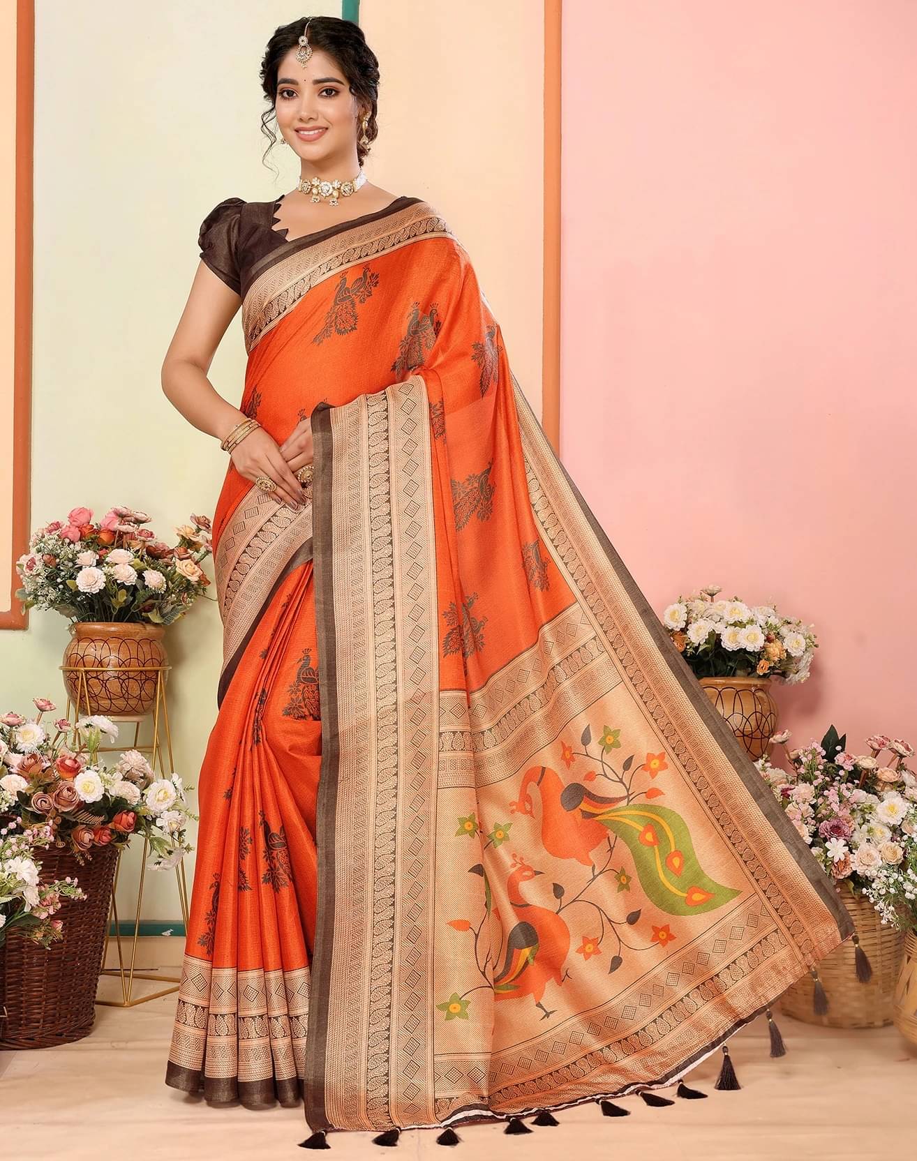     			Yashika Art Silk Printed Regular Saree With Unstitched Blouse Piece ( Orange )