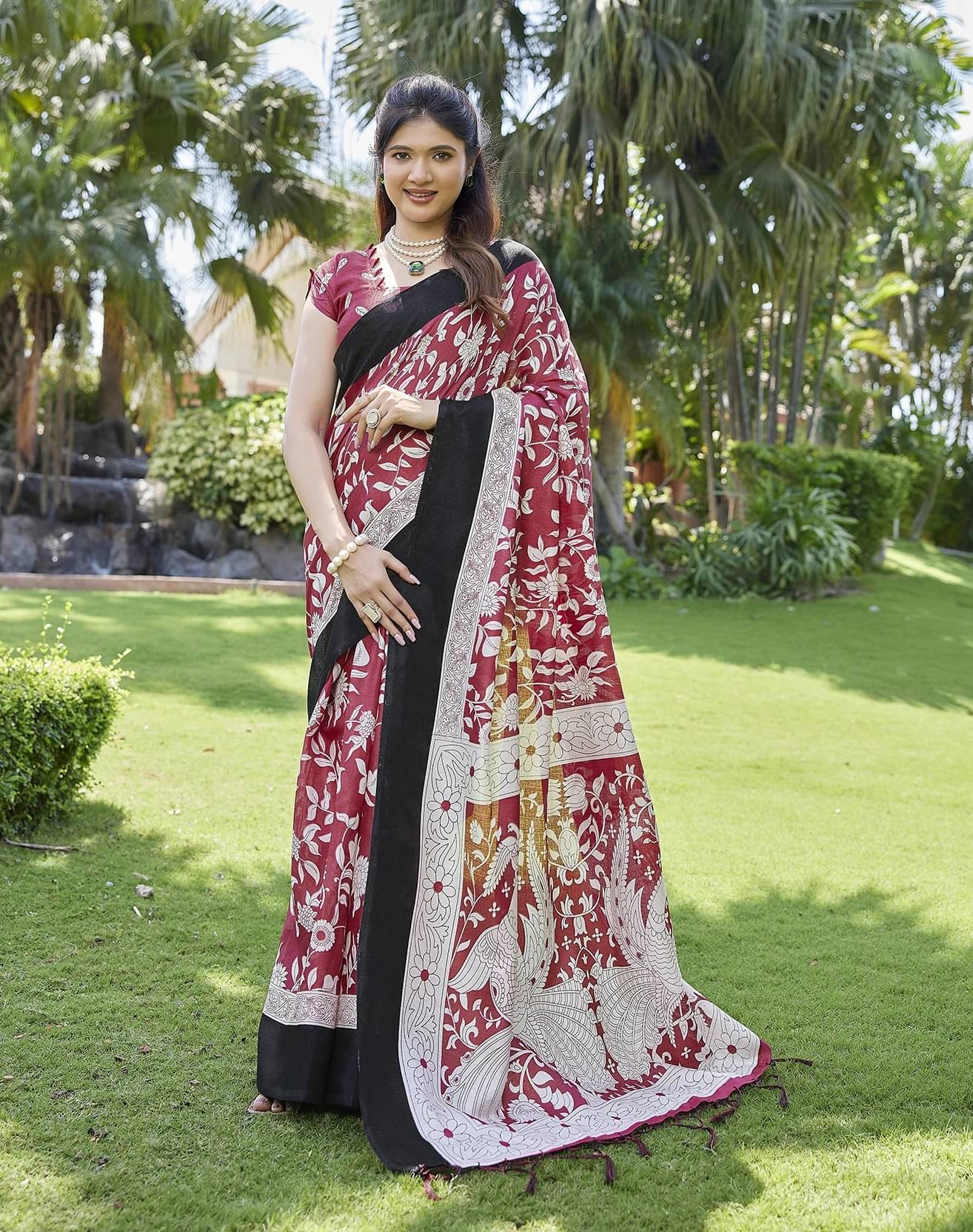 Yashika Art Silk Printed Regular Saree With Unstitched Blouse Piece ( Maroon ) Yashika Art Silk Printed Regular Saree With Unstitched Blouse Piece ( Maroon )