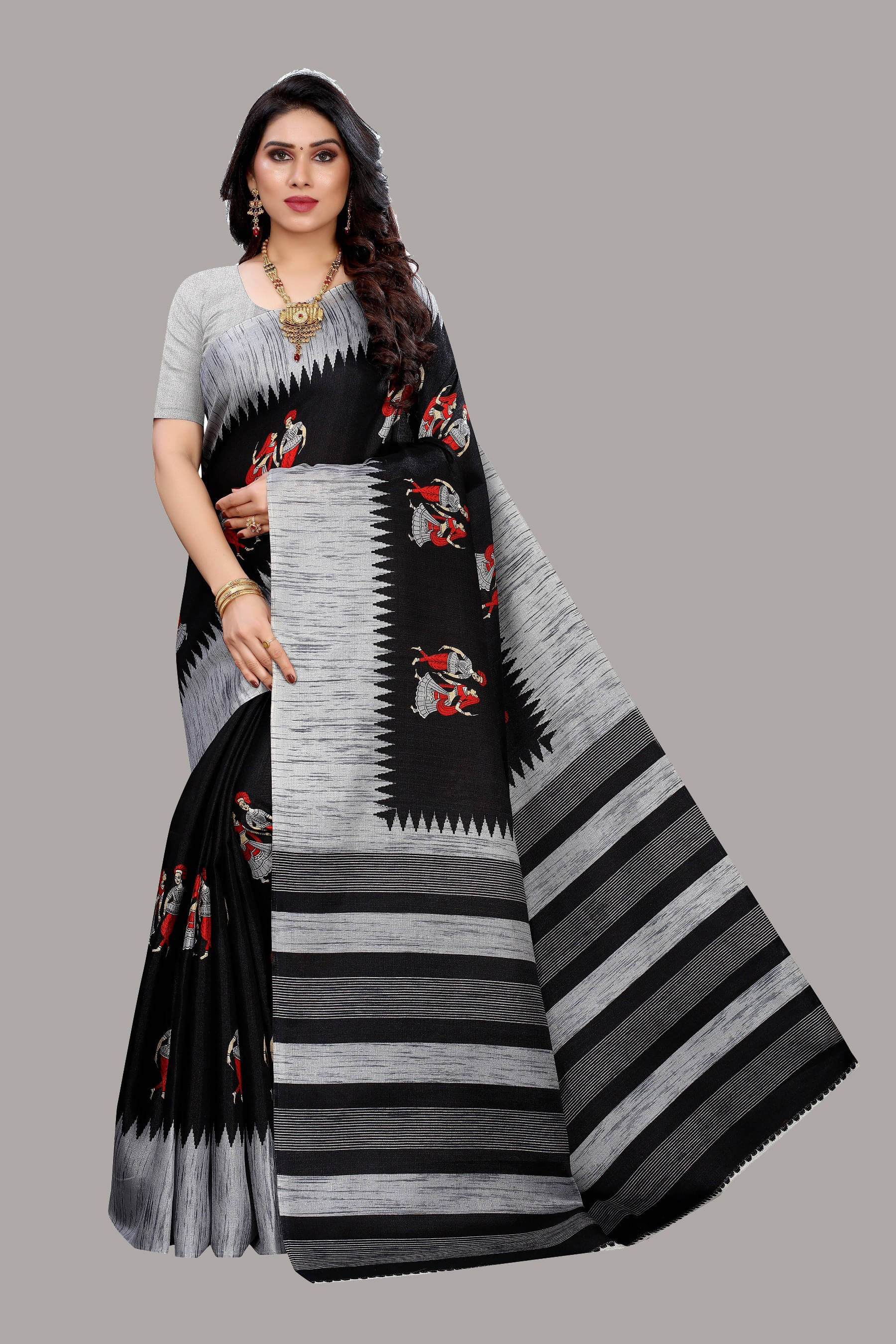 Yashika Art Silk Printed Regular Saree With Unstitched Blouse Piece ( Black )     			Yashika Art Silk Printed Regular Saree With Unstitched Blouse Piece ( Black )