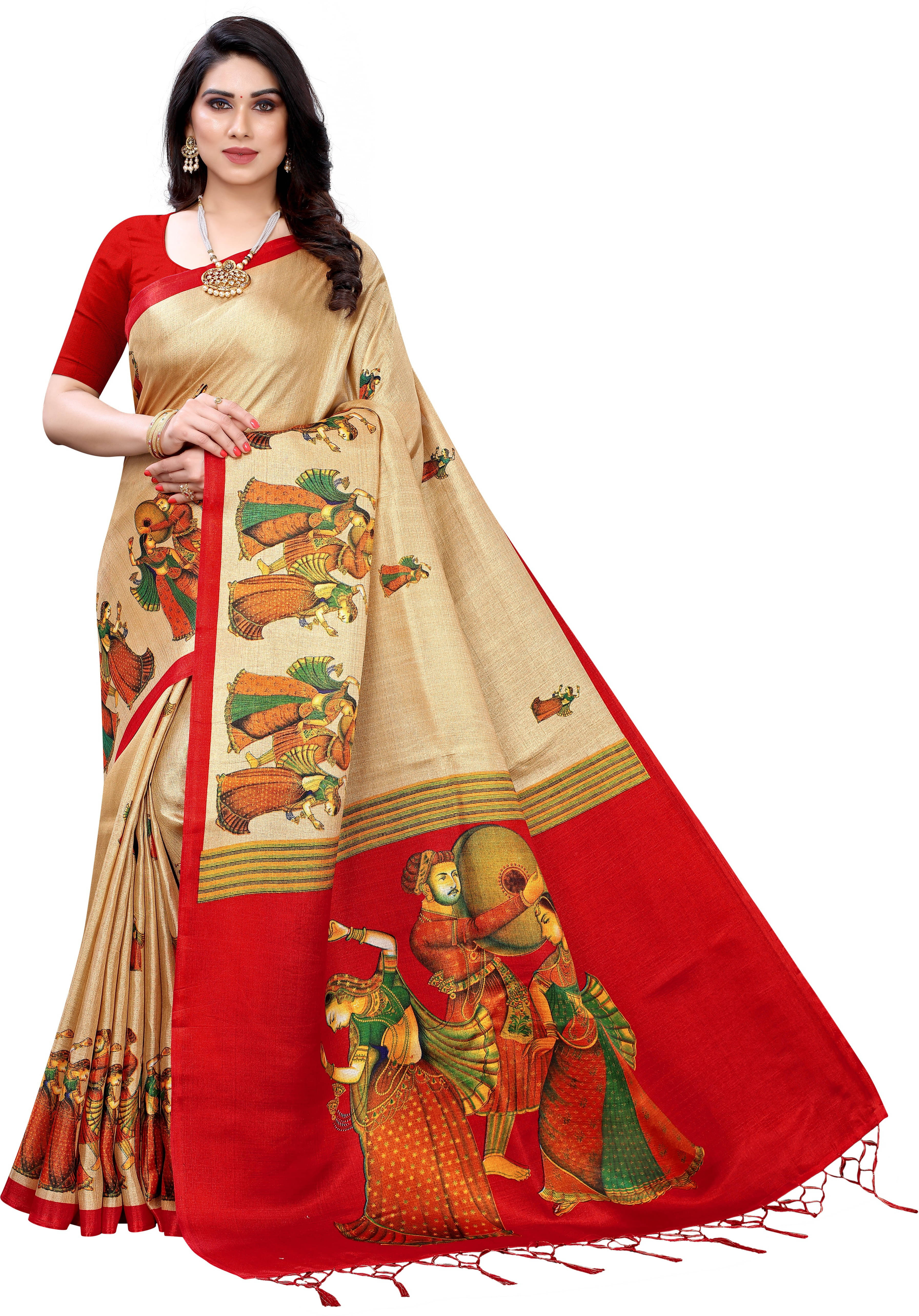 Yashika Art Silk Printed Regular Saree With Unstitched Blouse Piece ( Beige )     			Yashika Art Silk Printed Regular Saree With Unstitched Blouse Piece ( Beige )