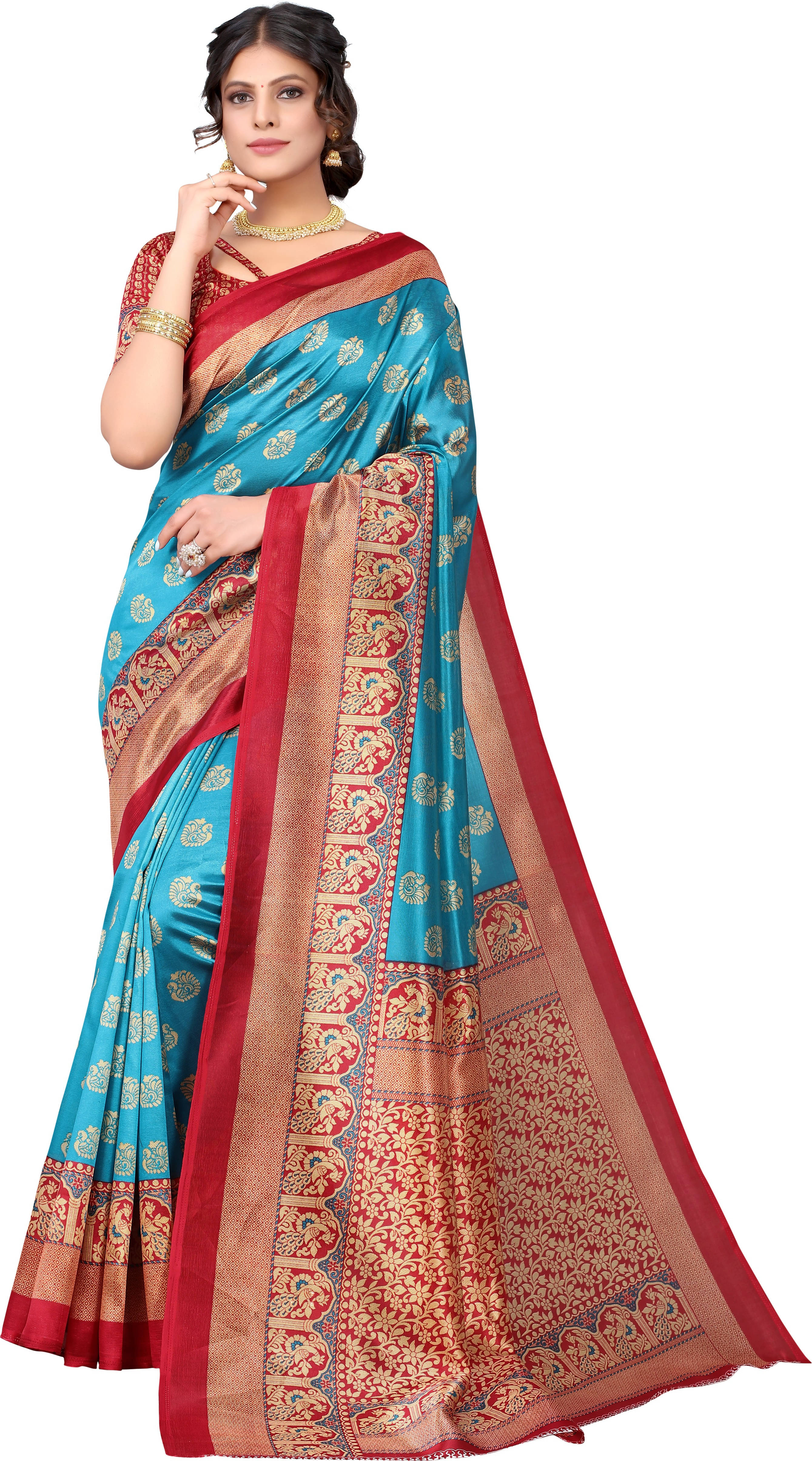     			Yashika Art Silk Printed Regular Saree With Unstitched Blouse Piece ( Light Blue )