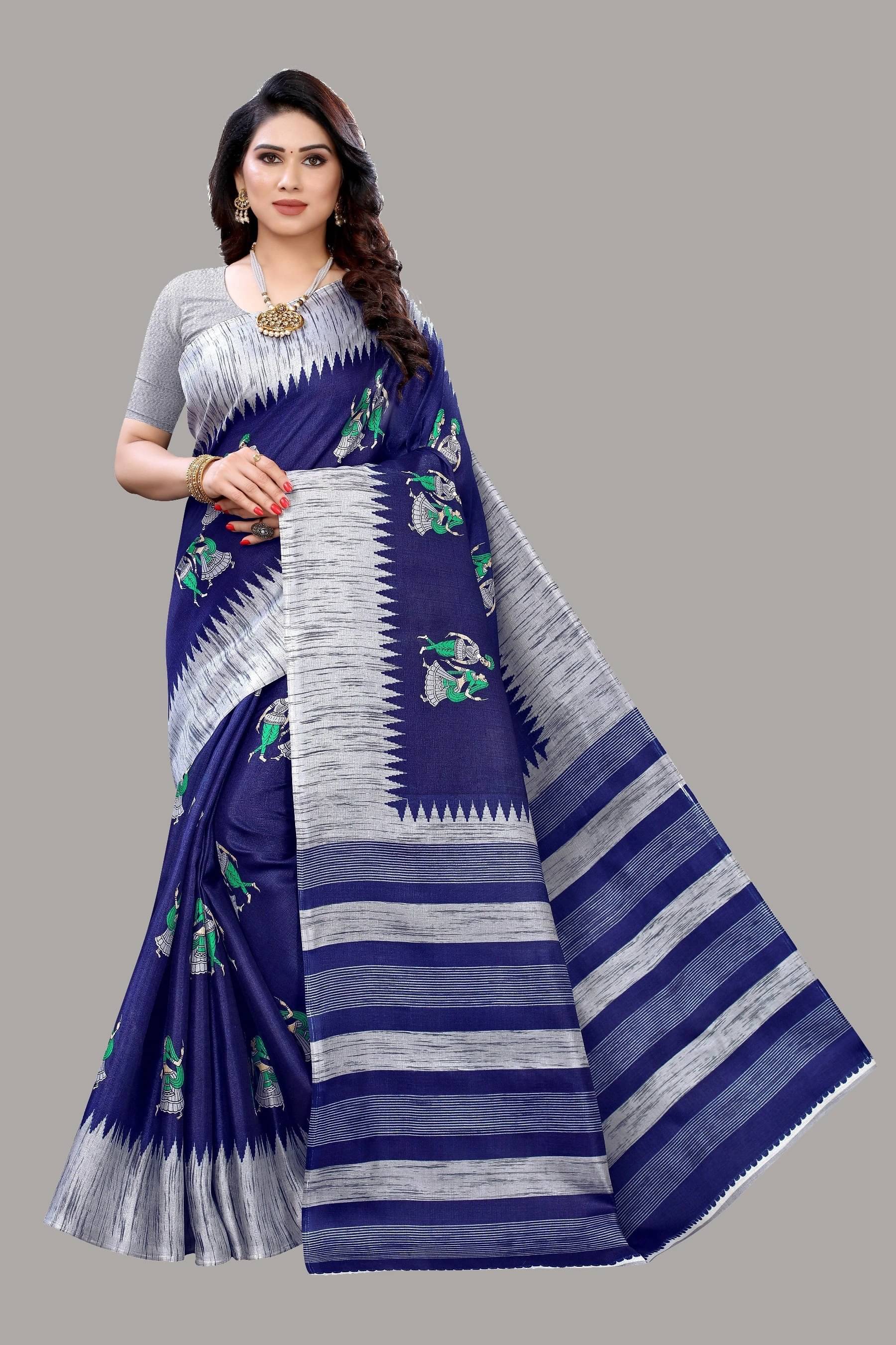 Yashika Art Silk Printed Regular Saree With Unstitched Blouse Piece ( Navy Blue ) Yashika Art Silk Printed Regular Saree With Unstitched Blouse Piece ( Navy Blue )