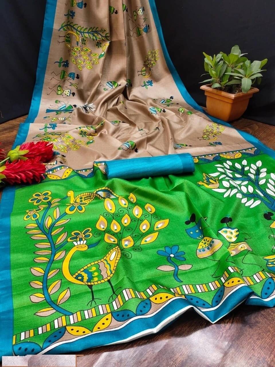     			Yashika Art Silk Printed Regular Saree With Unstitched Blouse Piece ( Brown )