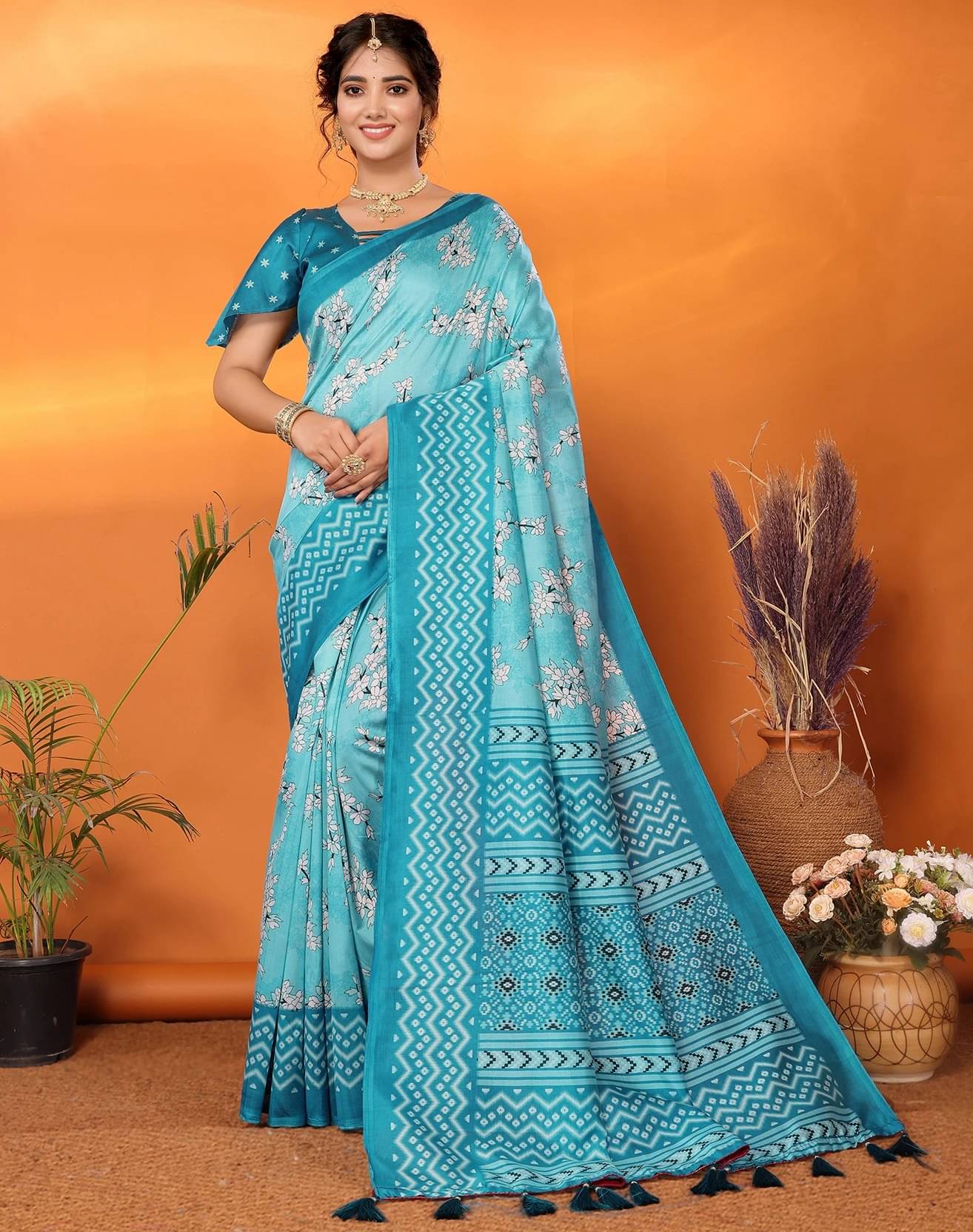     			Yashika Art Silk Printed Regular Saree With Unstitched Blouse Piece ( Blue )