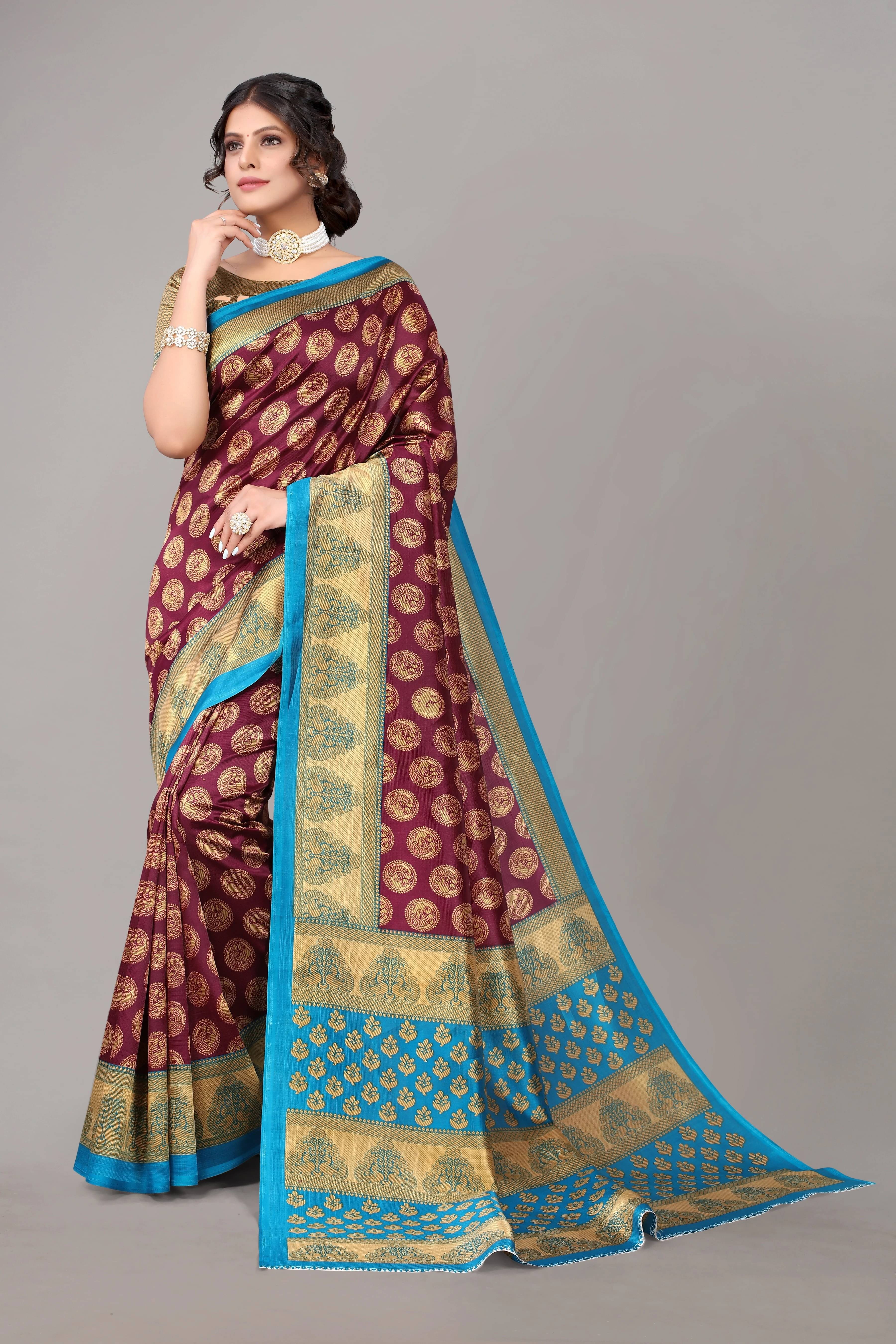 Yashika Art Silk Printed Regular Saree With Unstitched Blouse Piece ( Purple ) Yashika Art Silk Printed Regular Saree With Unstitched Blouse Piece ( Purple )