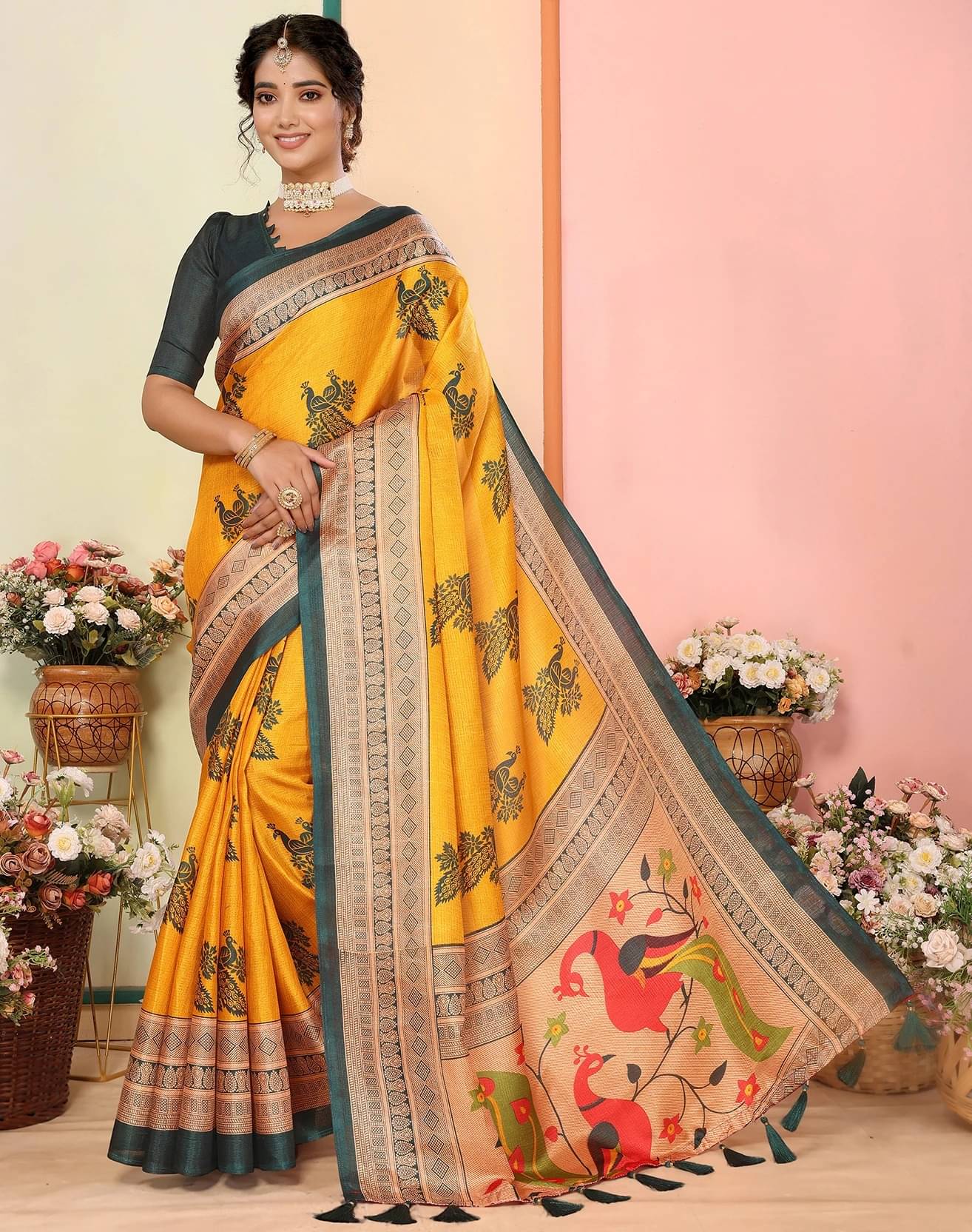     			Yashika Art Silk Printed Regular Saree With Unstitched Blouse Piece ( Yellow )