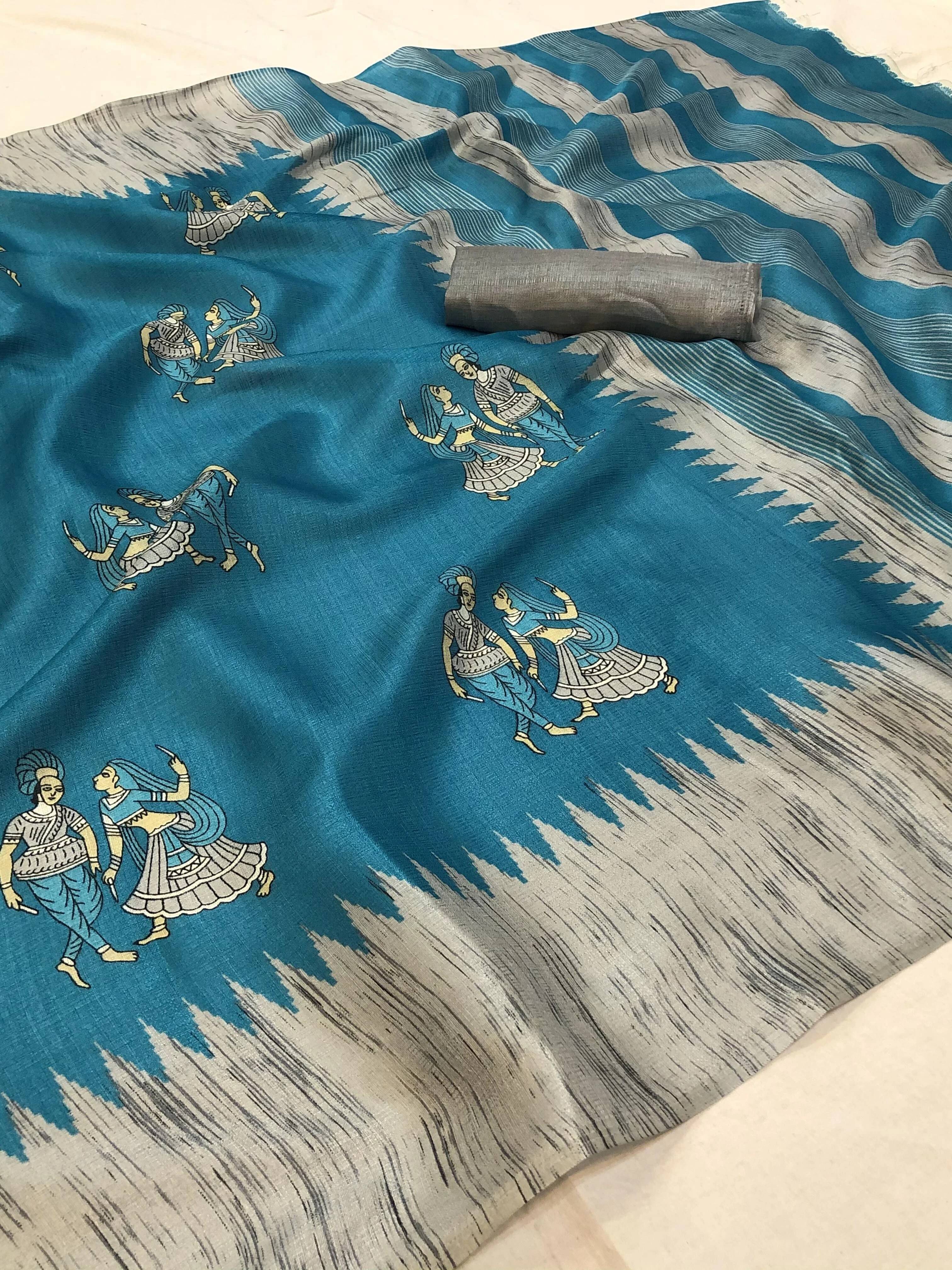 Yashika Art Silk Printed Regular Saree With Unstitched Blouse Piece ( Light Blue )     			Yashika Art Silk Printed Regular Saree With Unstitched Blouse Piece ( Light Blue )