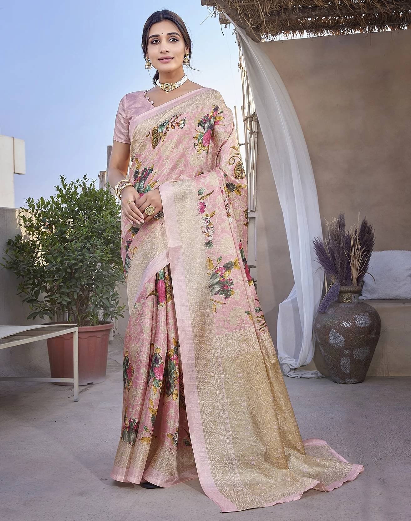 Yashika Art Silk Printed Regular Saree With Unstitched Blouse Piece ( Pink ) Yashika Art Silk Printed Regular Saree With Unstitched Blouse Piece ( Pink )