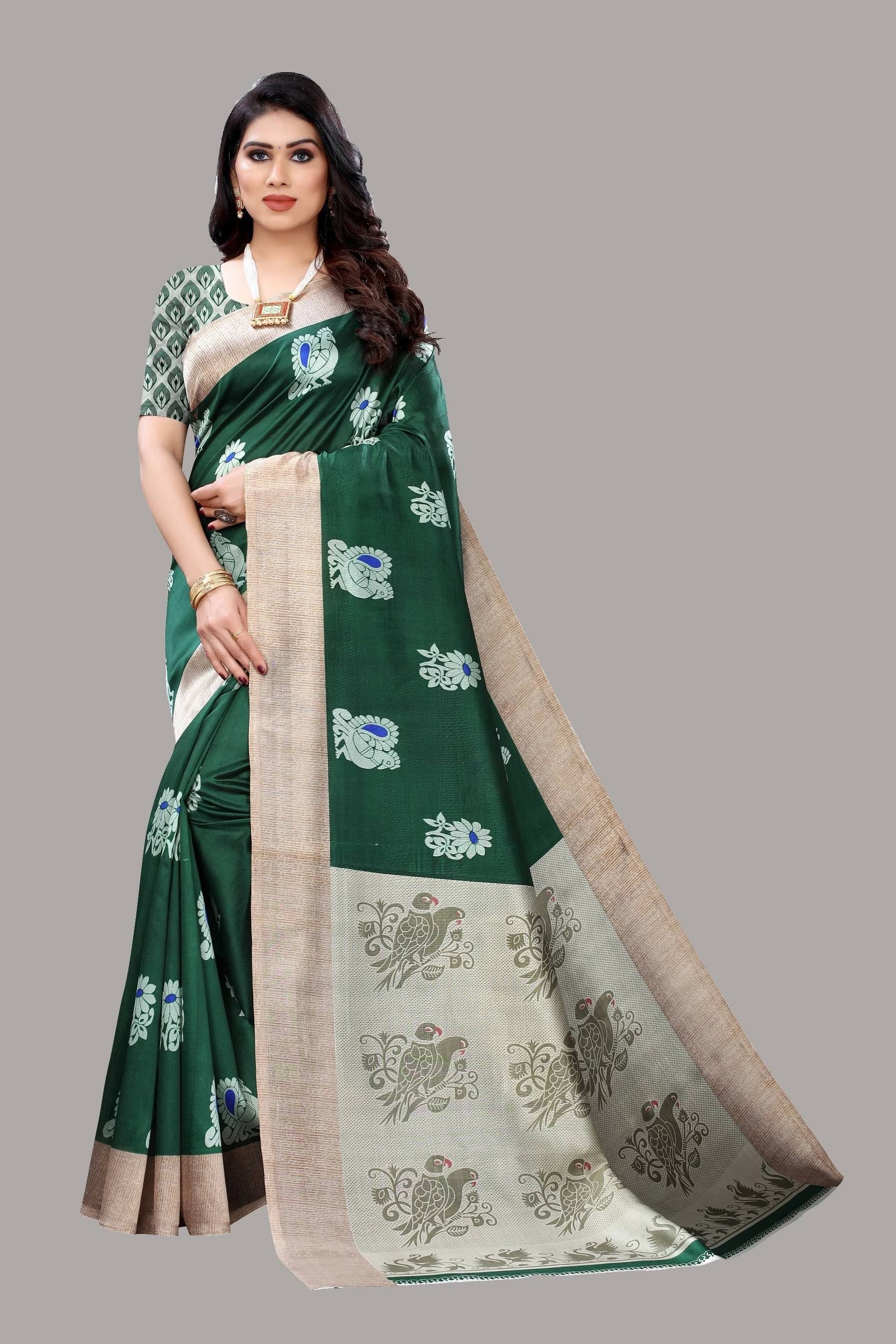 Yashika Art Silk Printed Regular Saree With Unstitched Blouse Piece ( Green )     			Yashika Art Silk Printed Regular Saree With Unstitched Blouse Piece ( Green )