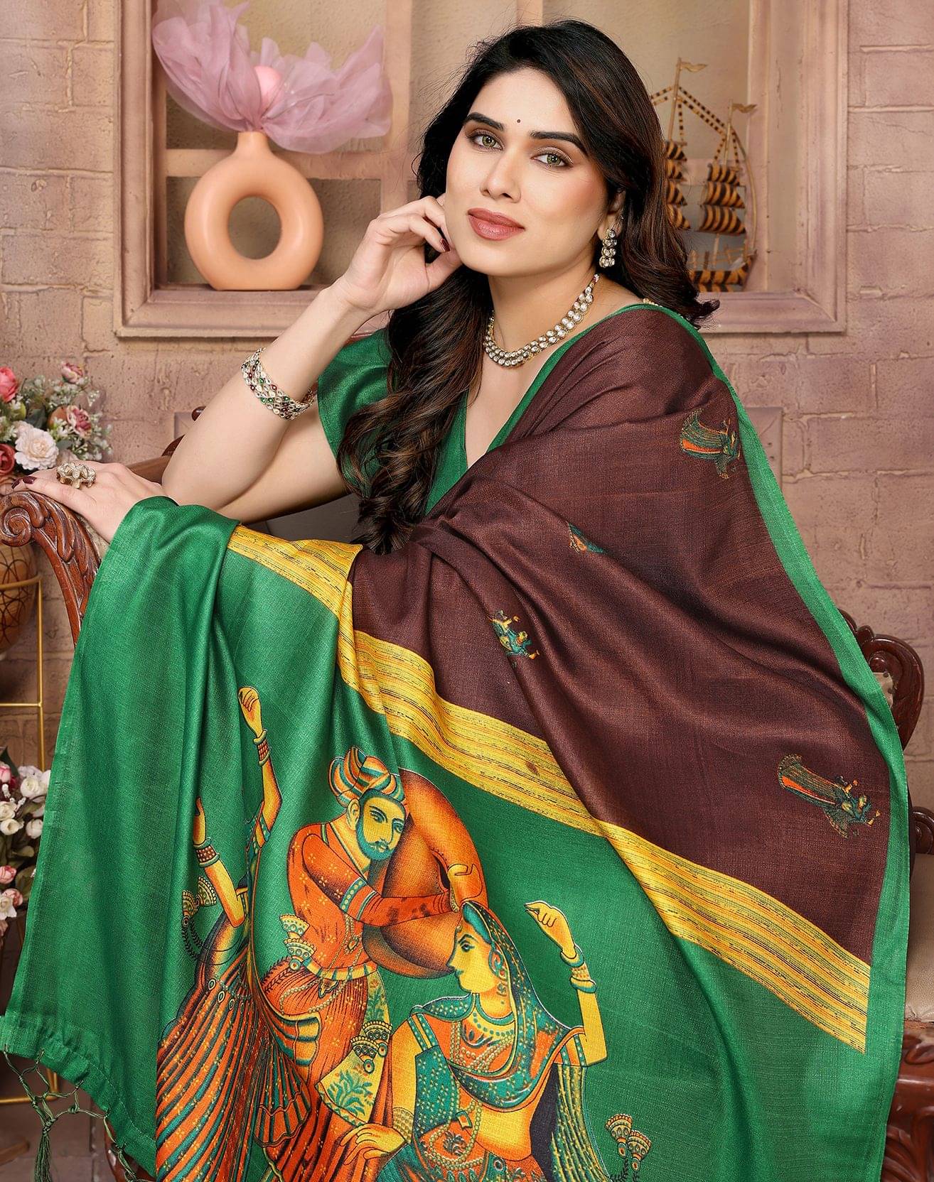     			Yashika Art Silk Printed Regular Saree With Unstitched Blouse Piece ( Brown )