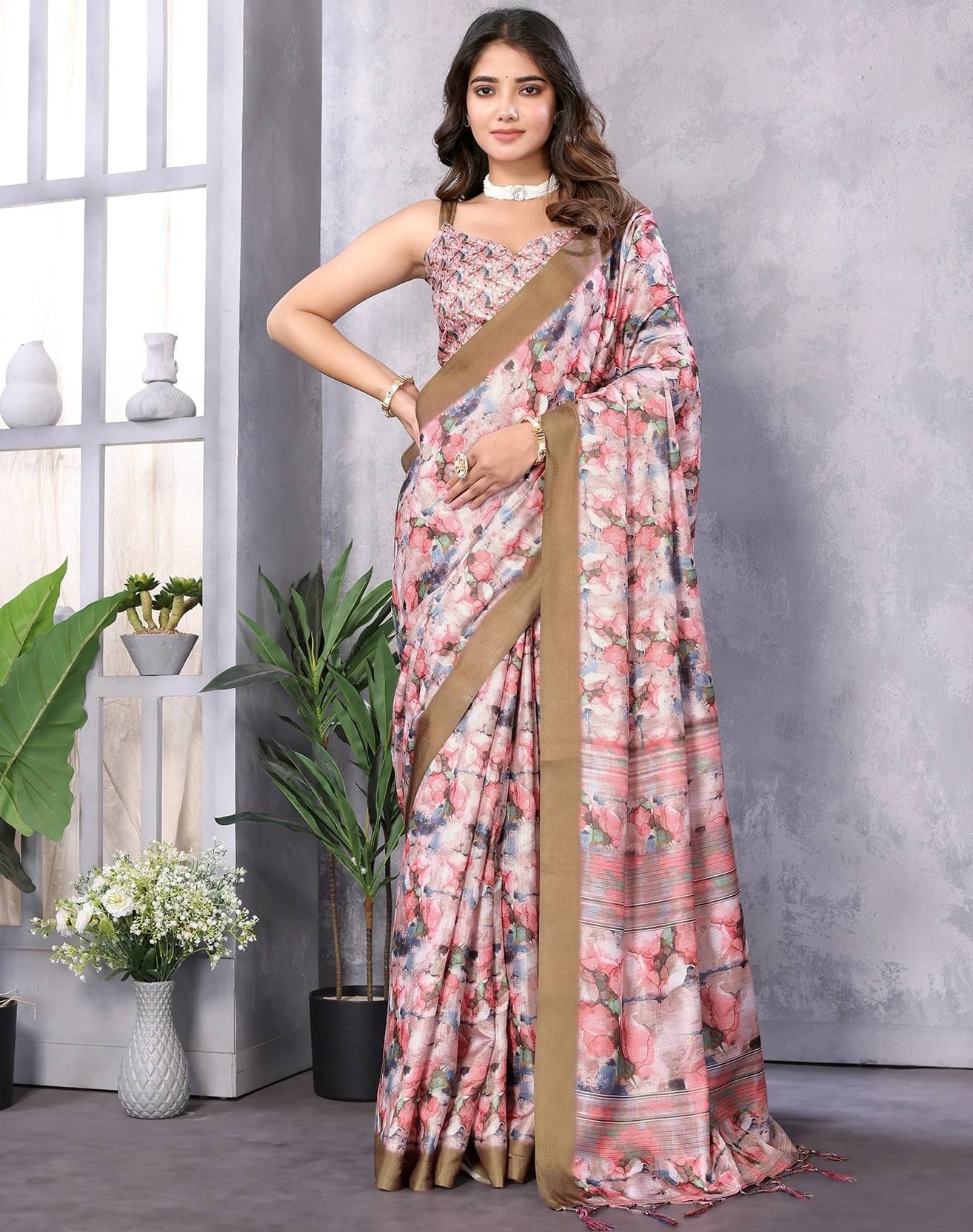     			Yashika Art Silk Printed Regular Saree With Unstitched Blouse Piece ( Brown )