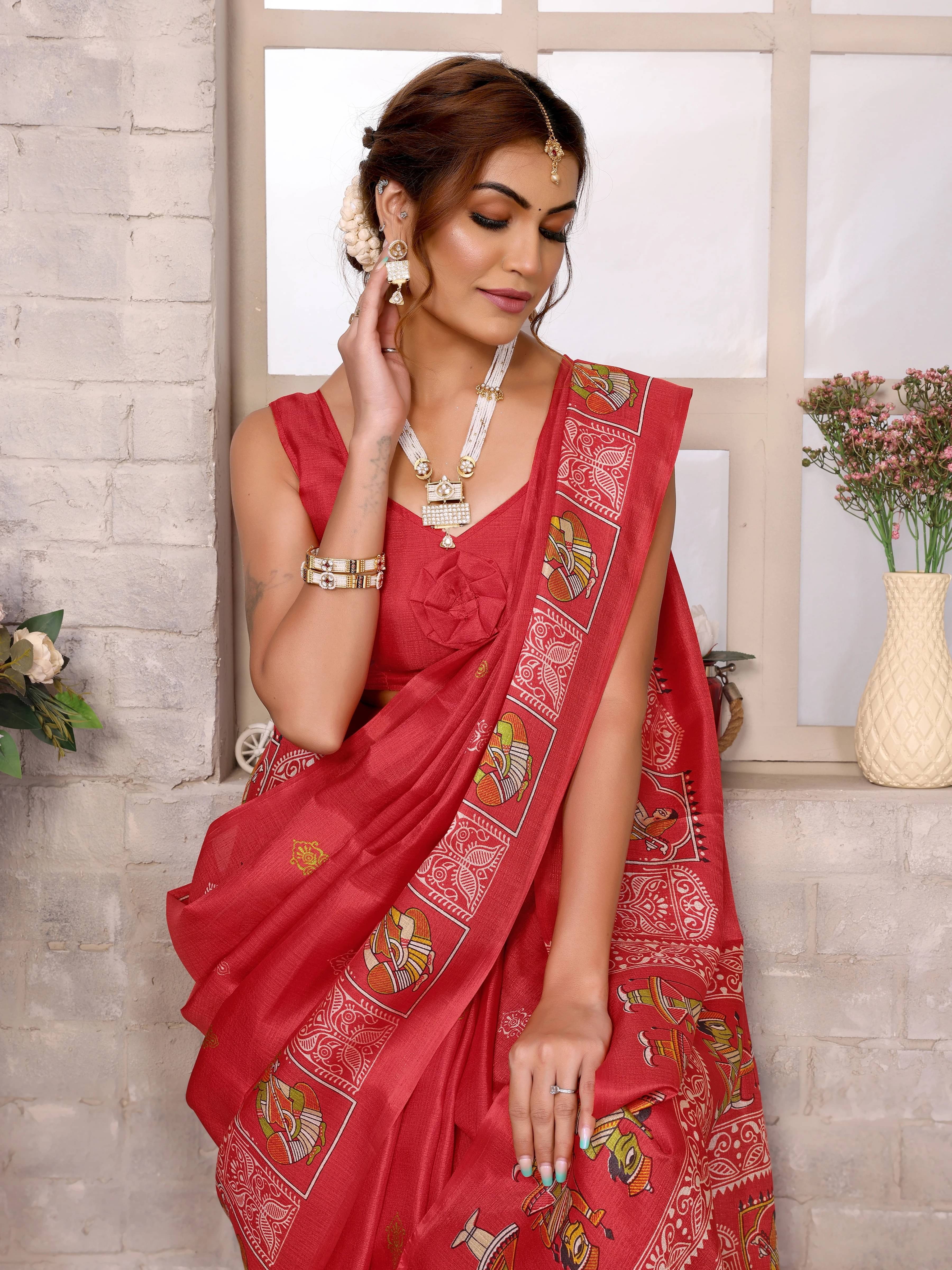 Yashika Art Silk Printed Regular Saree With Unstitched Blouse Piece ( Red ) Yashika Art Silk Printed Regular Saree With Unstitched Blouse Piece ( Red )