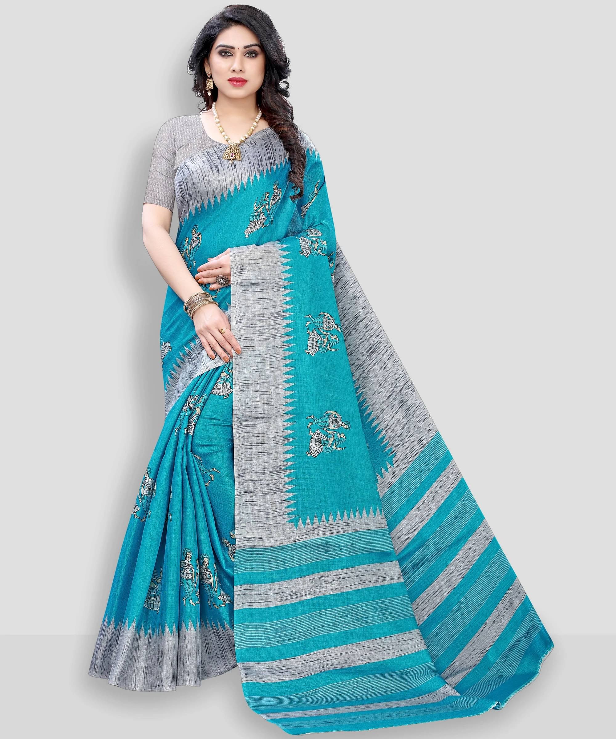 Yashika Art Silk Printed Regular Saree With Unstitched Blouse Piece ( Blue )     			Yashika Art Silk Printed Regular Saree With Unstitched Blouse Piece ( Blue )