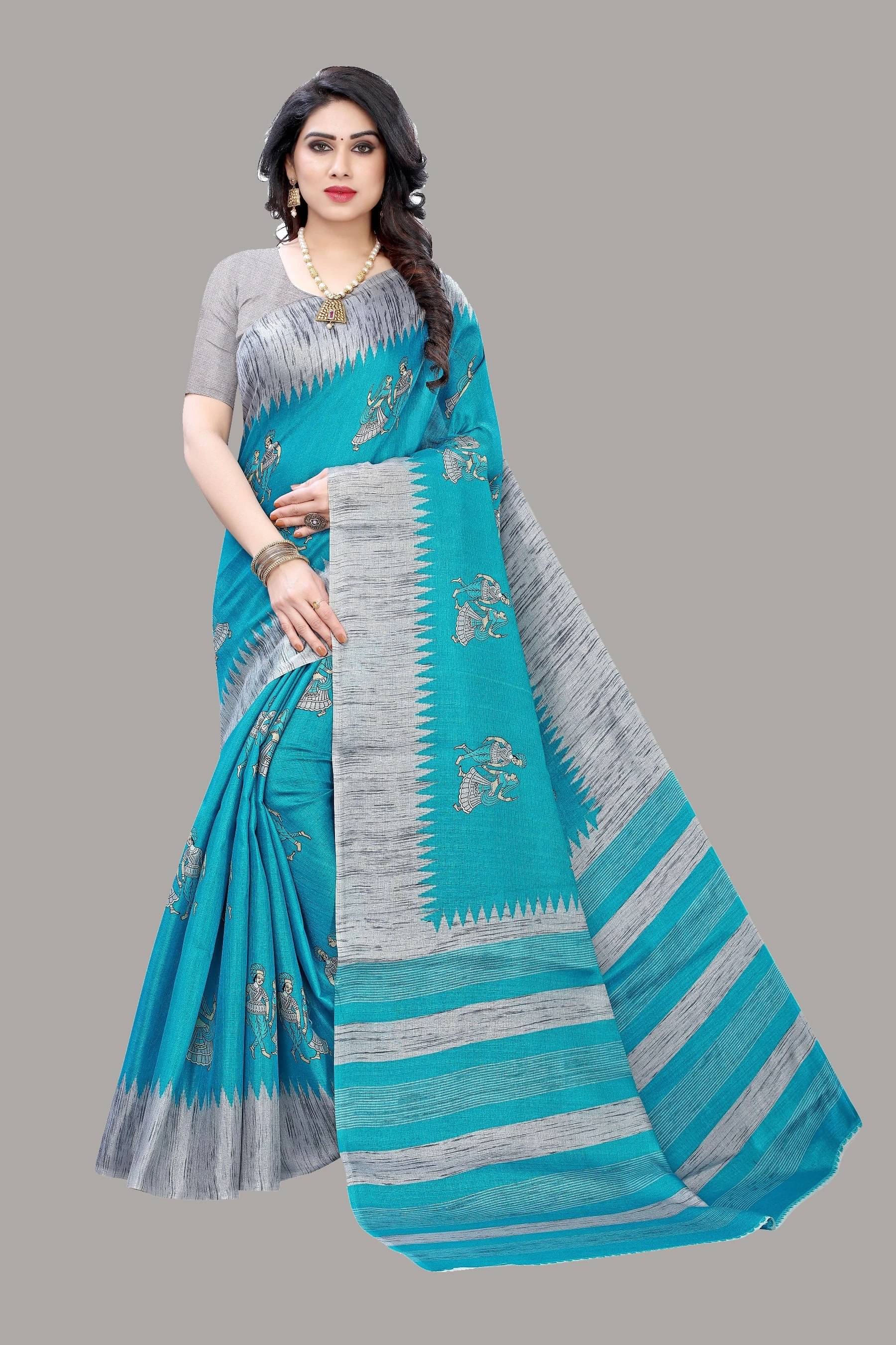     			Yashika Art Silk Printed Regular Saree With Unstitched Blouse Piece ( Blue )