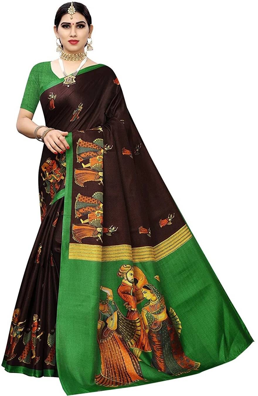 Yashika Art Silk Printed Regular Saree With Unstitched Blouse Piece ( Brown ) Yashika Art Silk Printed Regular Saree With Unstitched Blouse Piece ( Brown )