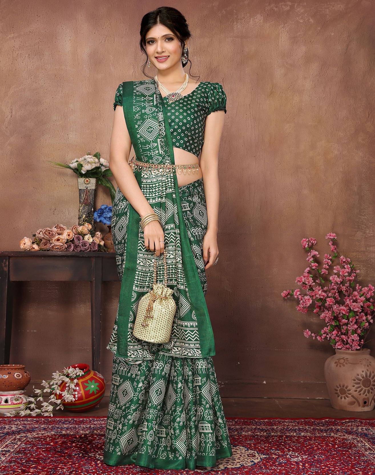 Yashika Art Silk Printed Regular Saree With Unstitched Blouse Piece ( Green )     			Yashika Art Silk Printed Regular Saree With Unstitched Blouse Piece ( Green )