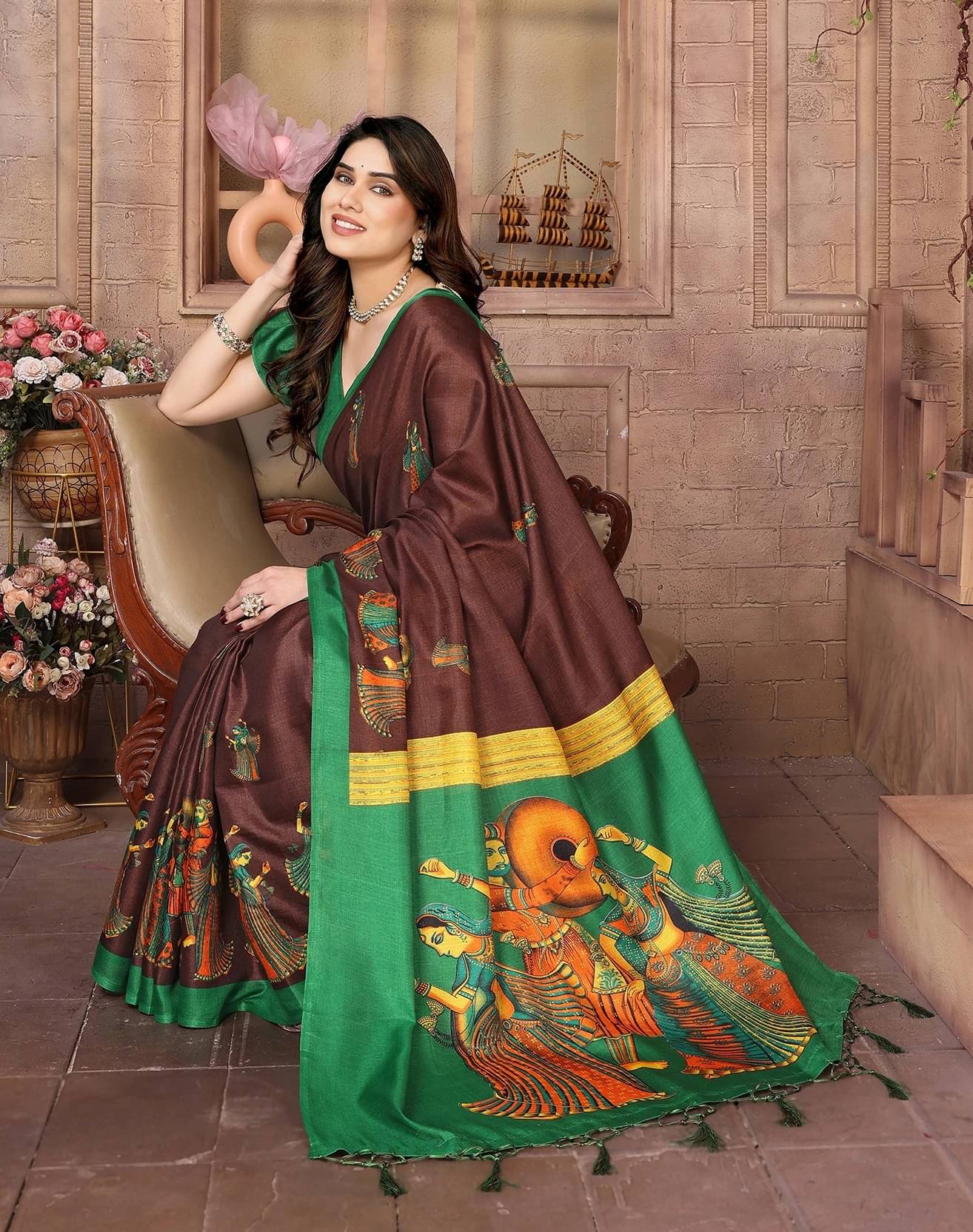 Yashika Art Silk Printed Regular Saree With Unstitched Blouse Piece ( Brown ) Yashika Art Silk Printed Regular Saree With Unstitched Blouse Piece ( Brown )