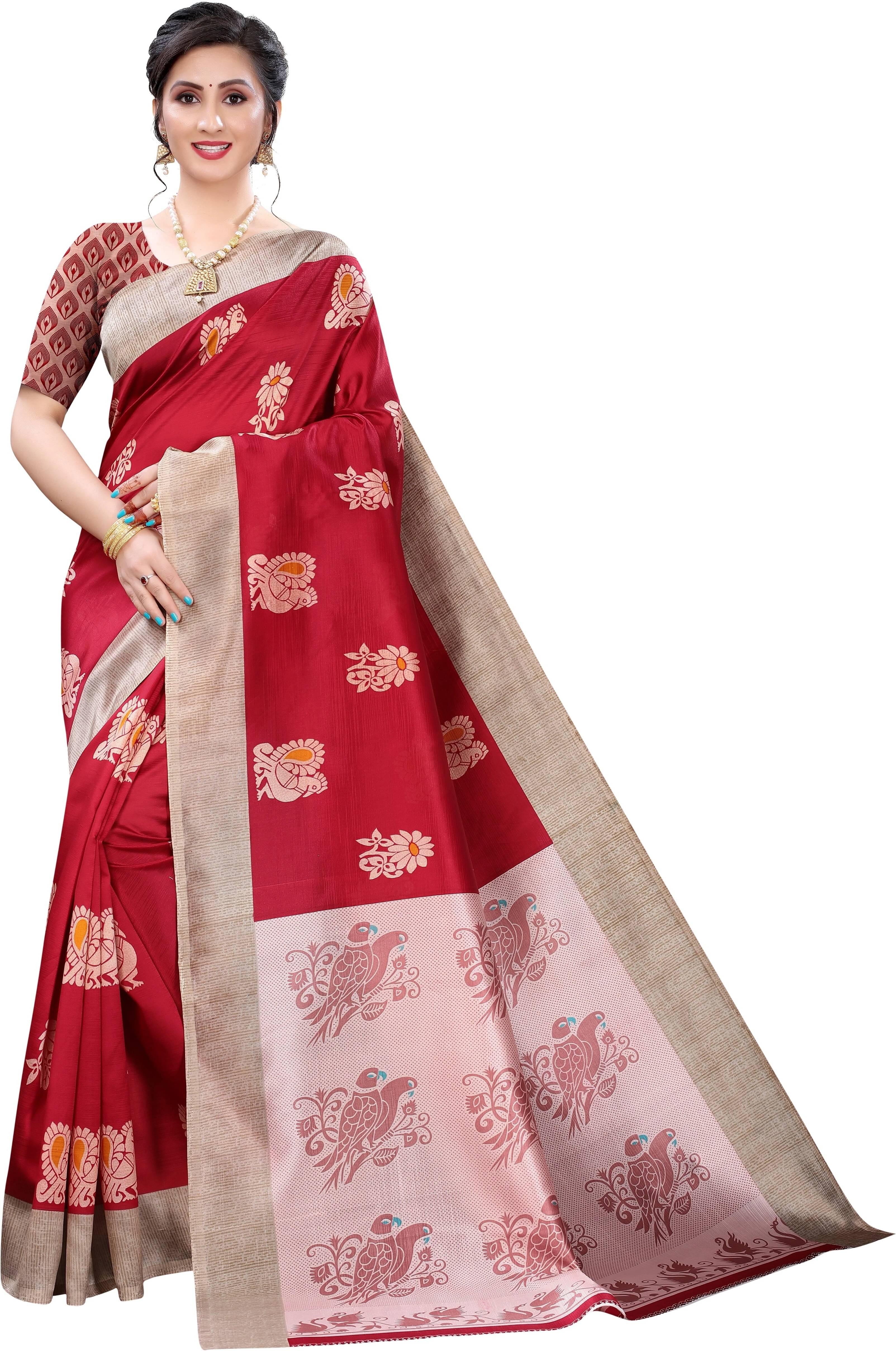 Yashika Art Silk Printed Regular Saree With Unstitched Blouse Piece ( Red ) Yashika Art Silk Printed Regular Saree With Unstitched Blouse Piece ( Red )