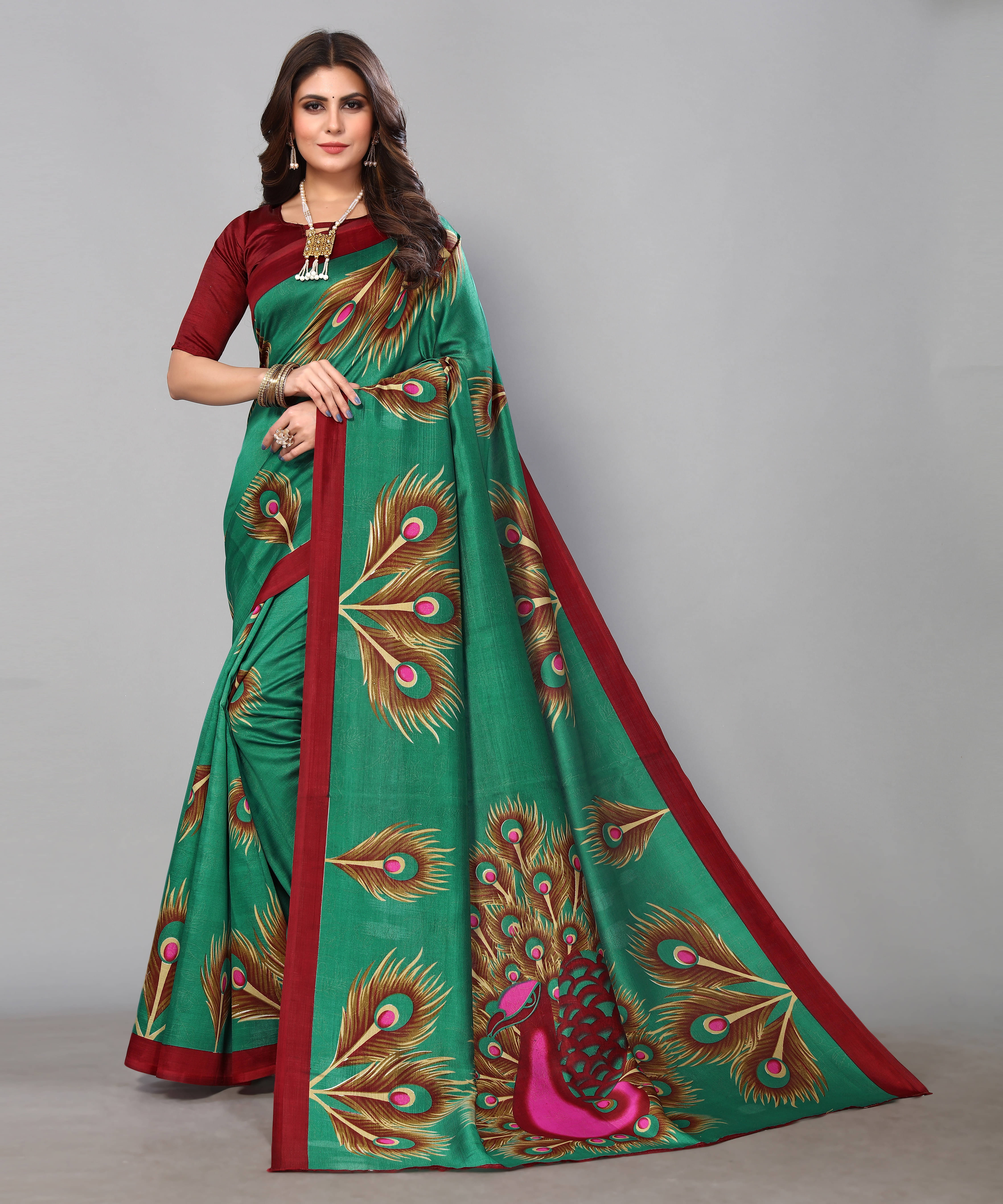 Yashika Art Silk Printed Regular Saree With Unstitched Blouse Piece ( Green ) Yashika Art Silk Printed Regular Saree With Unstitched Blouse Piece ( Green )