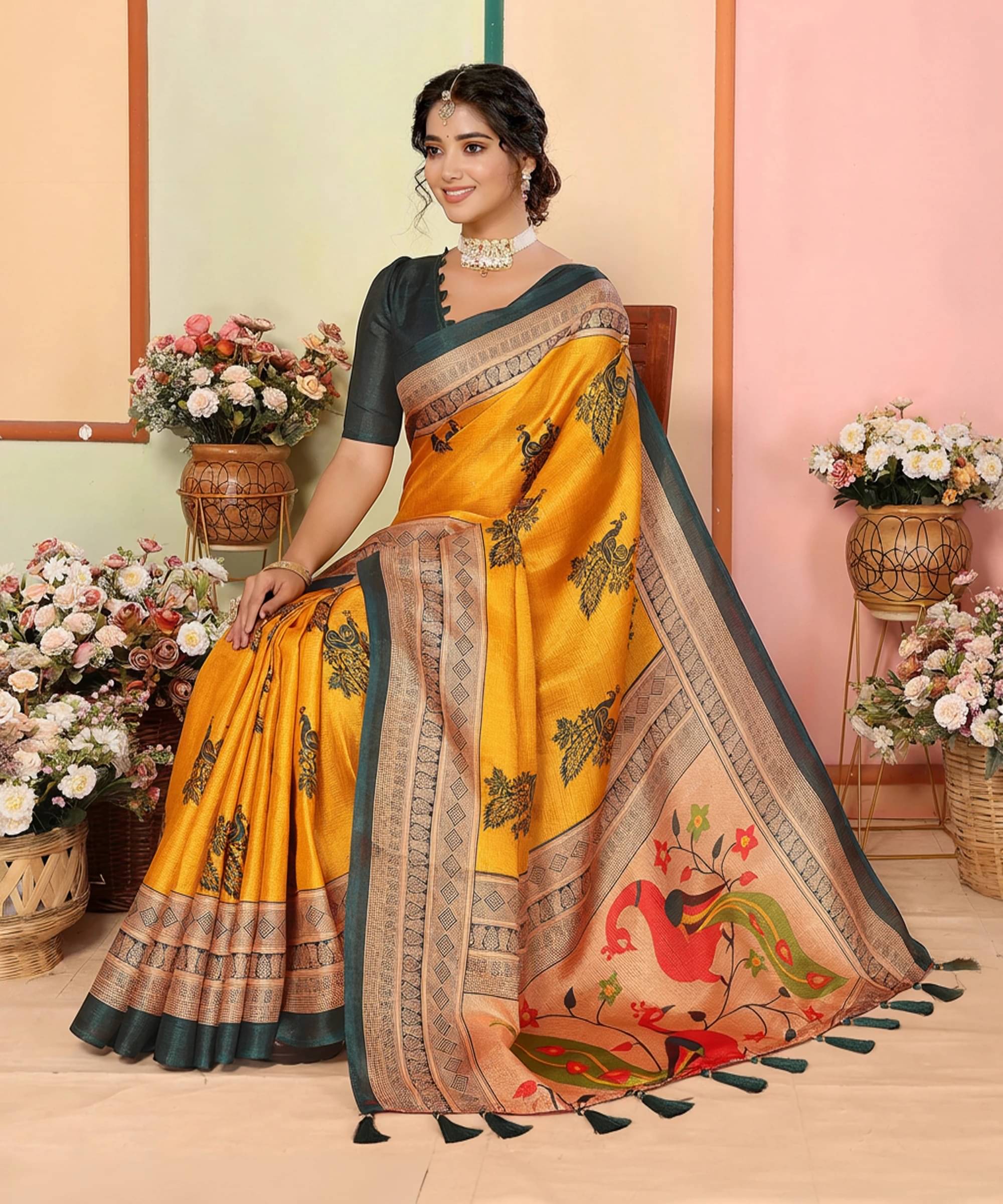 Yashika Art Silk Printed Regular Saree With Unstitched Blouse Piece ( Yellow ) Yashika Art Silk Printed Regular Saree With Unstitched Blouse Piece ( Yellow )