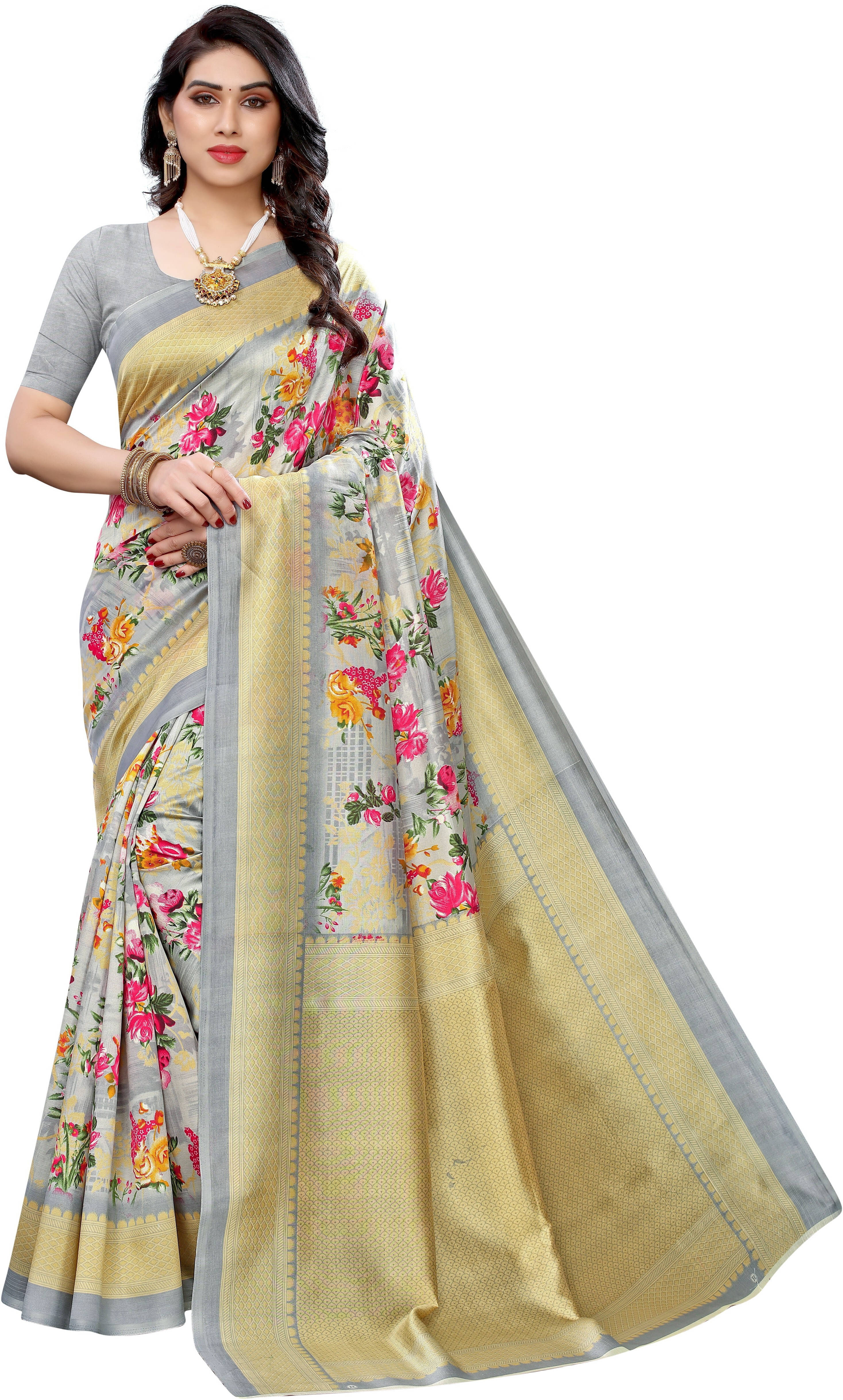 Yashika Art Silk Printed Regular Saree With Unstitched Blouse Piece ( Grey )     			Yashika Art Silk Printed Regular Saree With Unstitched Blouse Piece ( Grey )