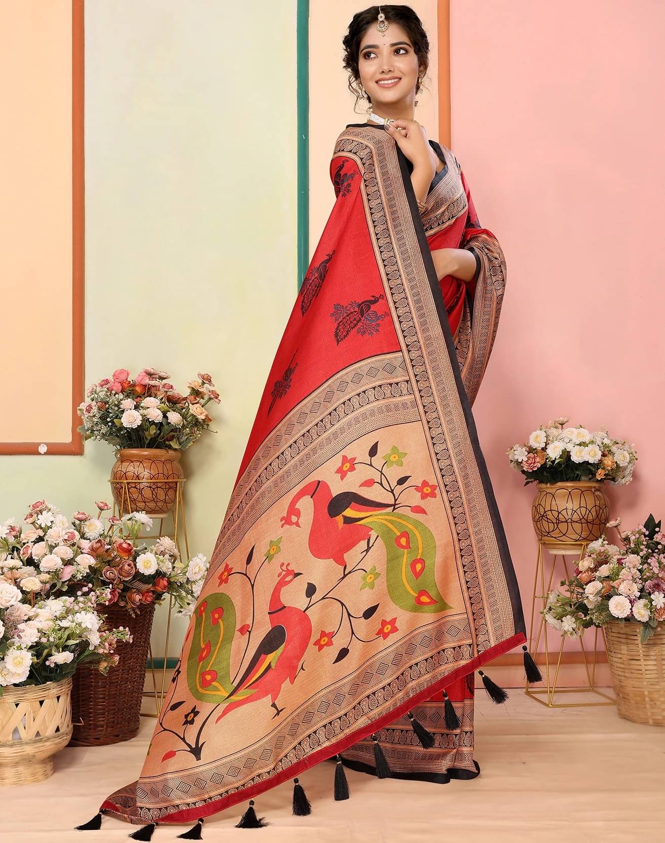     			Yashika Art Silk Printed Regular Saree With Unstitched Blouse Piece ( Red )
