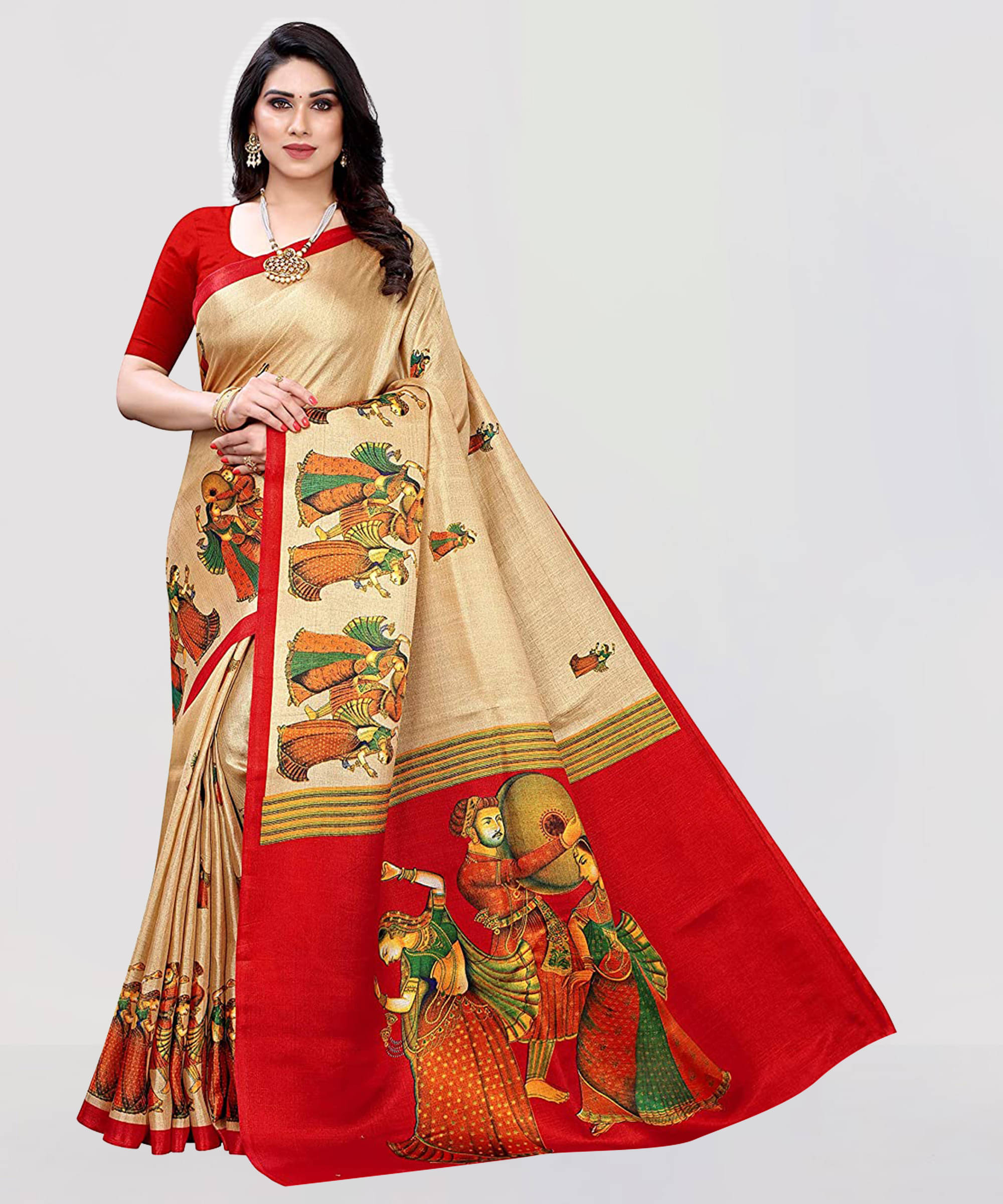 Yashika Art Silk Printed Regular Saree With Unstitched Blouse Piece ( Beige ) Yashika Art Silk Printed Regular Saree With Unstitched Blouse Piece ( Beige )