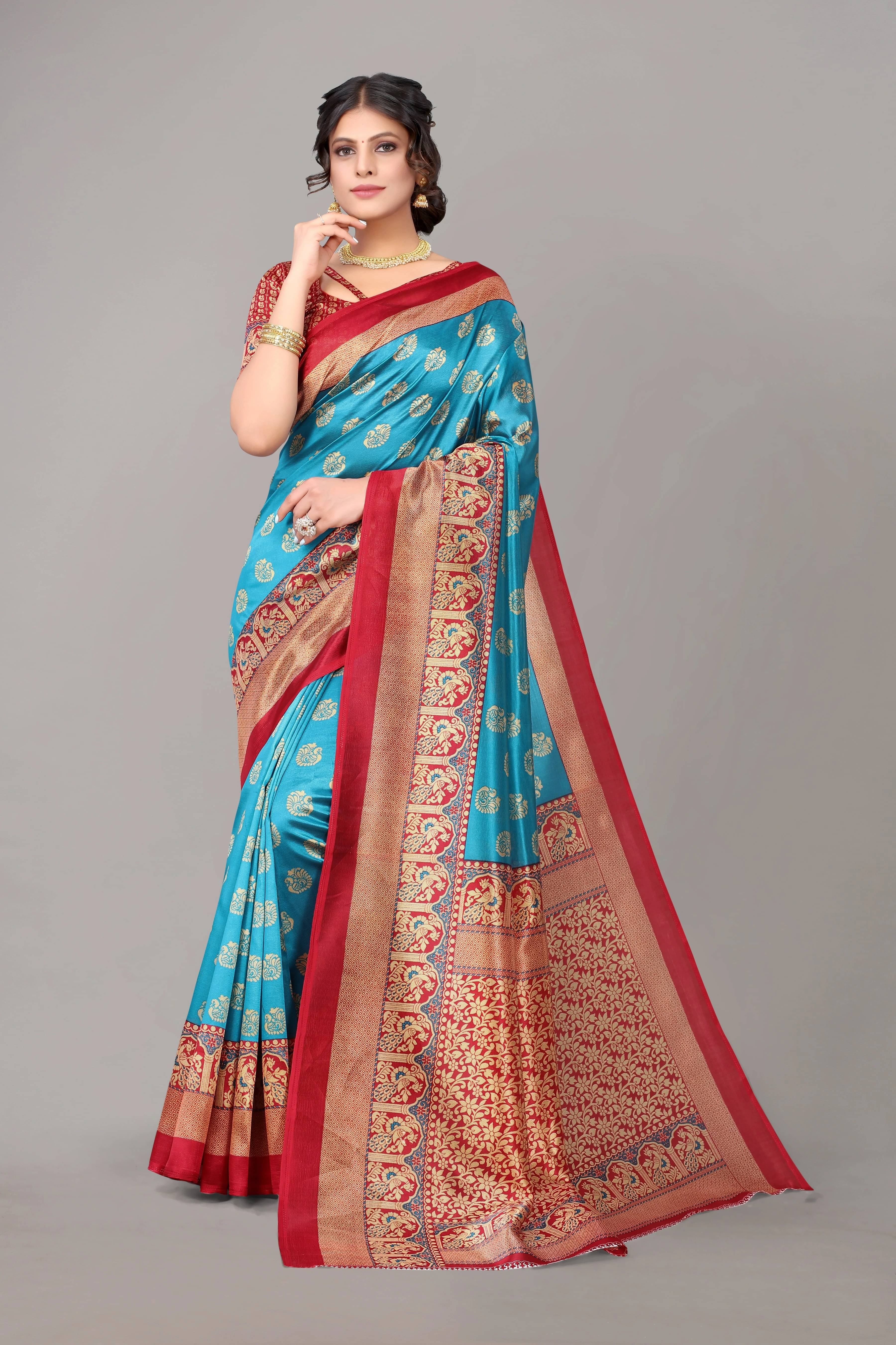     			Yashika Art Silk Printed Regular Saree With Unstitched Blouse Piece ( Light Blue )
