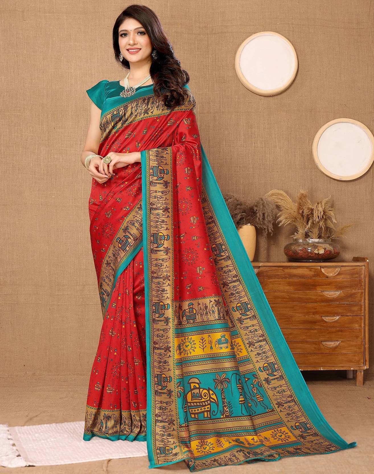     			Yashika Art Silk Printed Regular Saree With Unstitched Blouse Piece ( Red )
